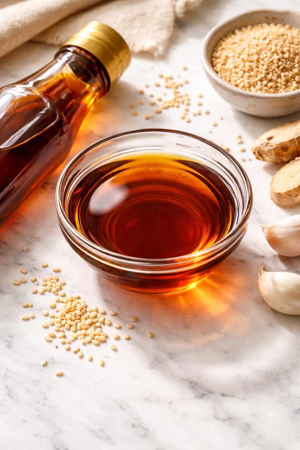 Toasted sesame oil — adds nutty depth to premium chili crisp — Flavor Index Lab