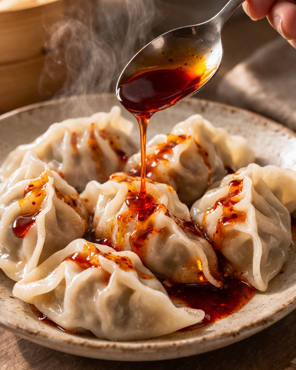 Chili oil drizzled over dumplings showing its smooth liquid pour — Flavor Index Lab