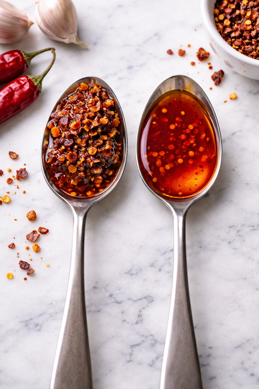 Chili crisp vs chili oil on two spoons showing the texture difference — Flavor Index Lab