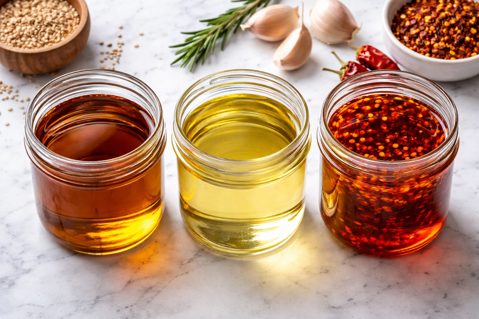 Different oil types compared for cooking — sesame, vegetable, and chili oil — Flavor Index Lab