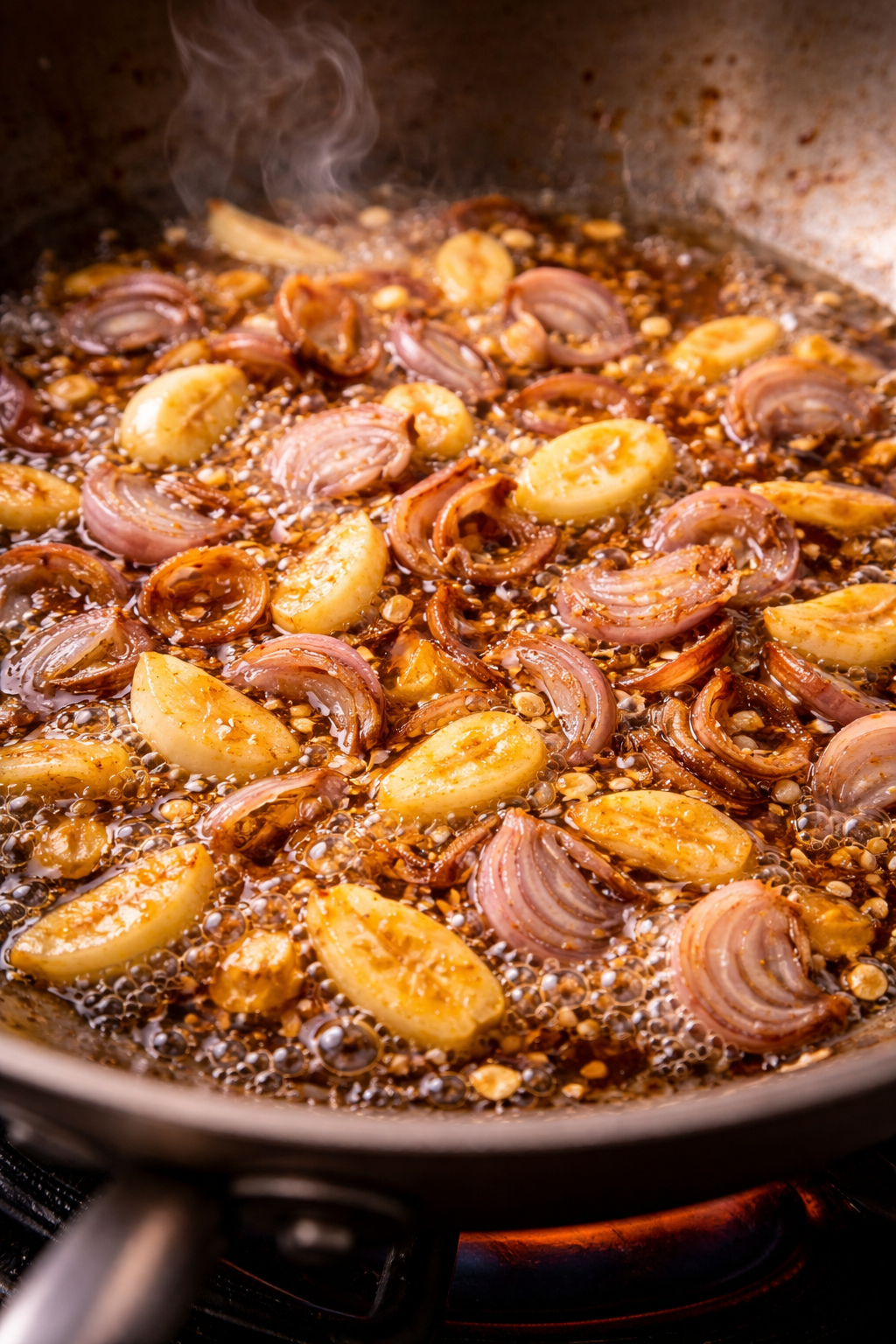 Garlic and shallots frying in oil — the foundation of chili crisp — Flavor Index Lab