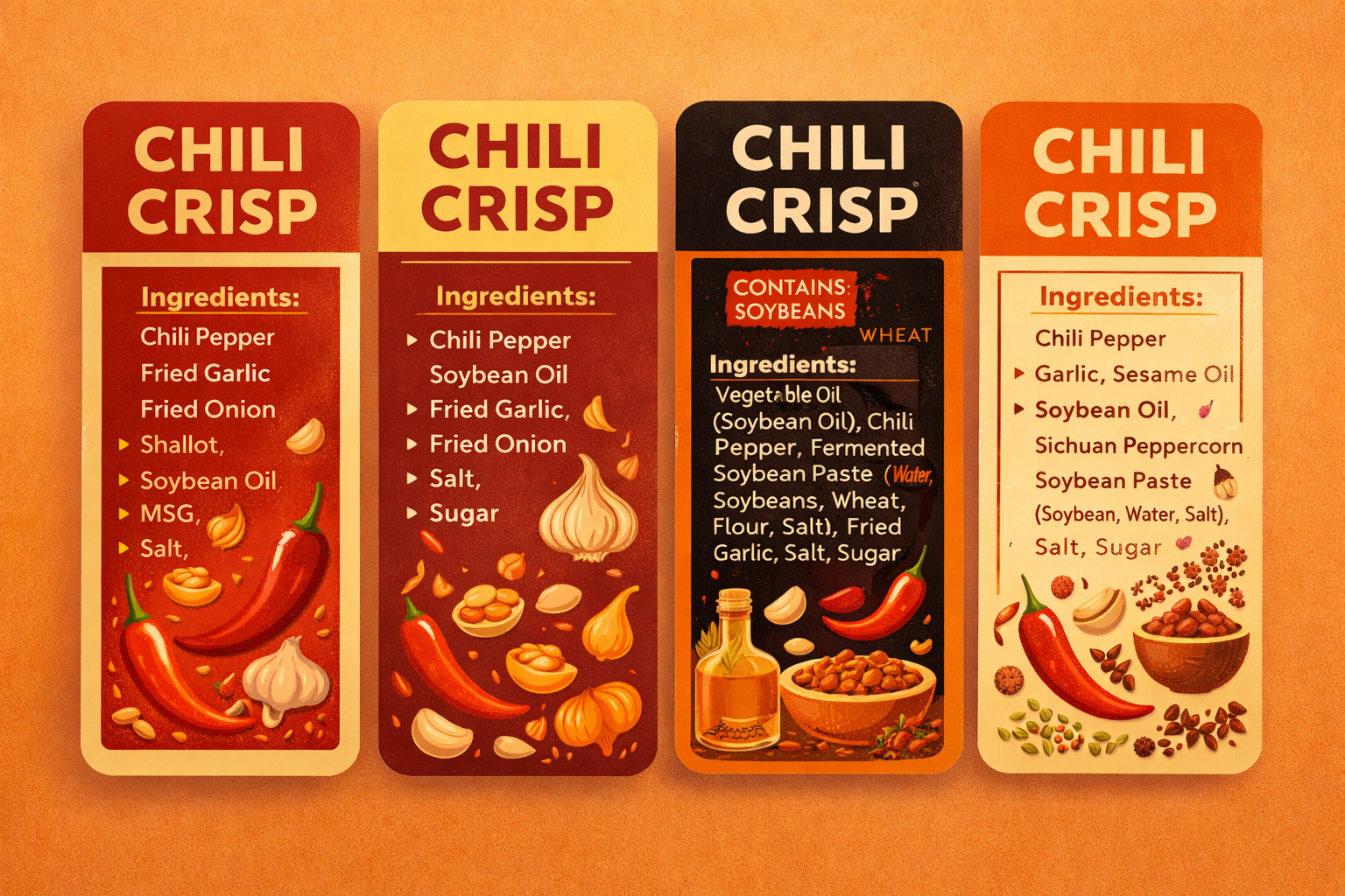 Multiple chili crisp labels compared showing ingredient differences — Flavor Index Lab