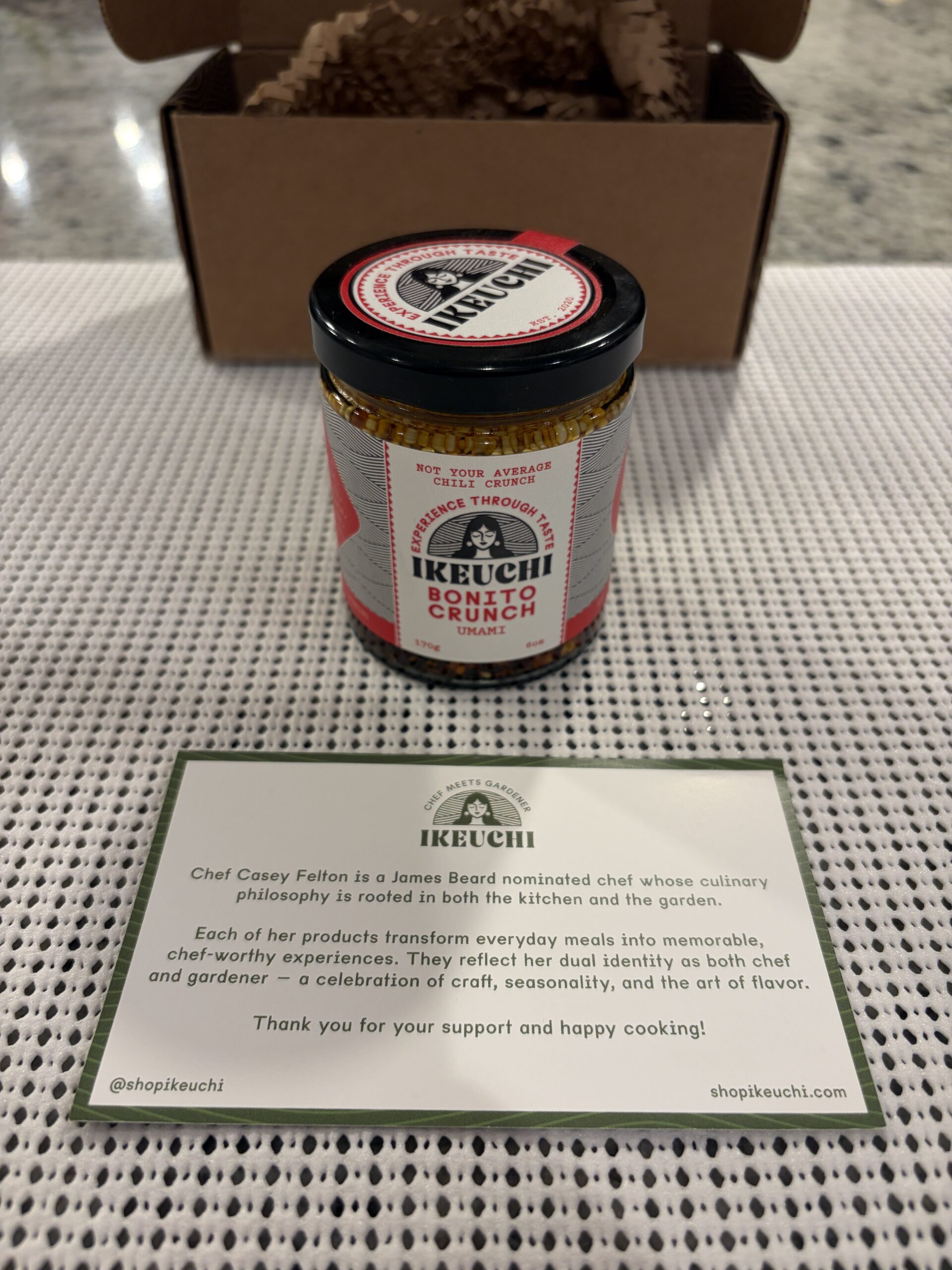 Ikeuchi Bonito Crunch packaging with brand origin card — Flavor Index Lab