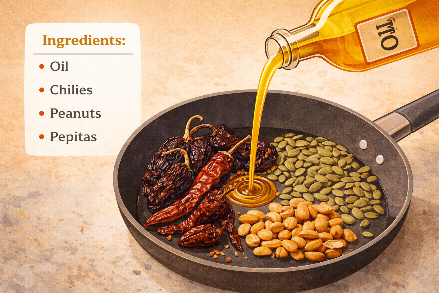 Oil being poured — the carrier that brings salsa macha together — Flavor Index Lab