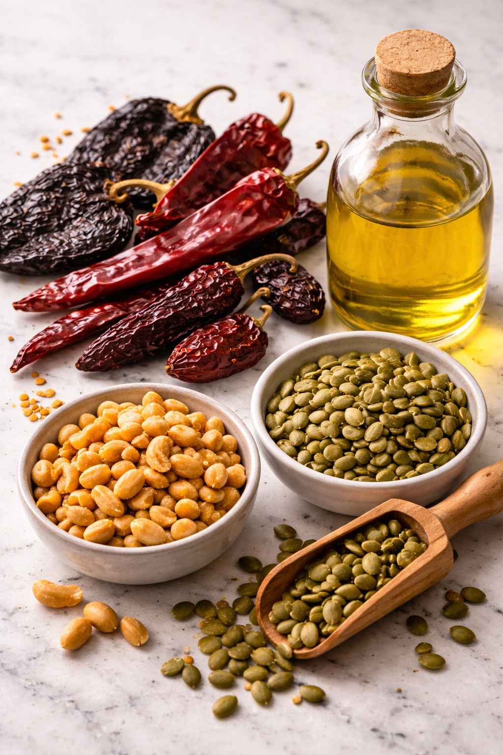 Core salsa macha ingredients — dried chilies, peanuts, and oil — Flavor Index Lab