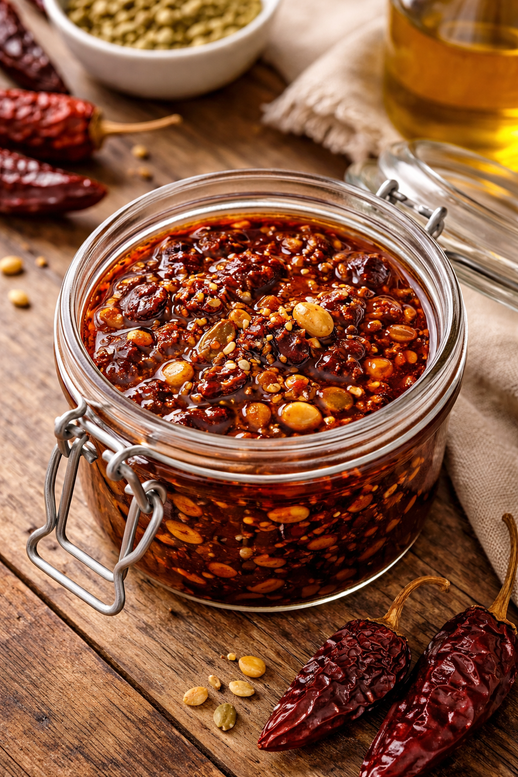 Glass jar of salsa macha on a wooden surface showing its distinctive color — Flavor Index Lab