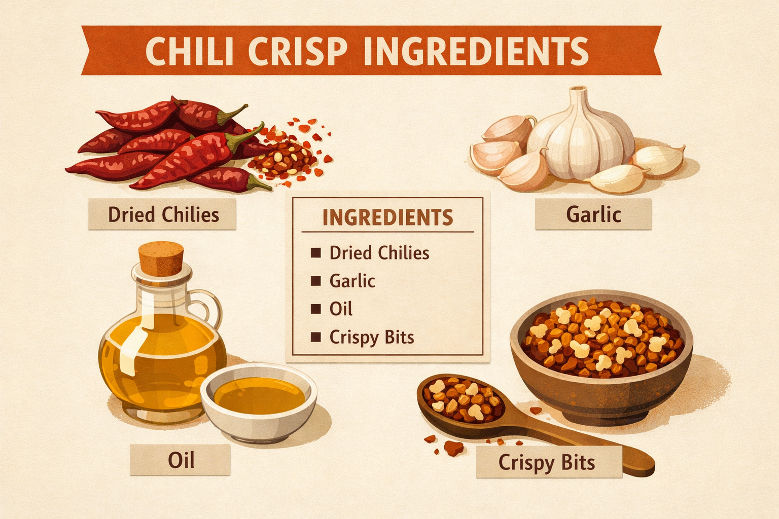 Chili crisp ingredients — dried chilies, fried garlic, and oil — Flavor Index Lab