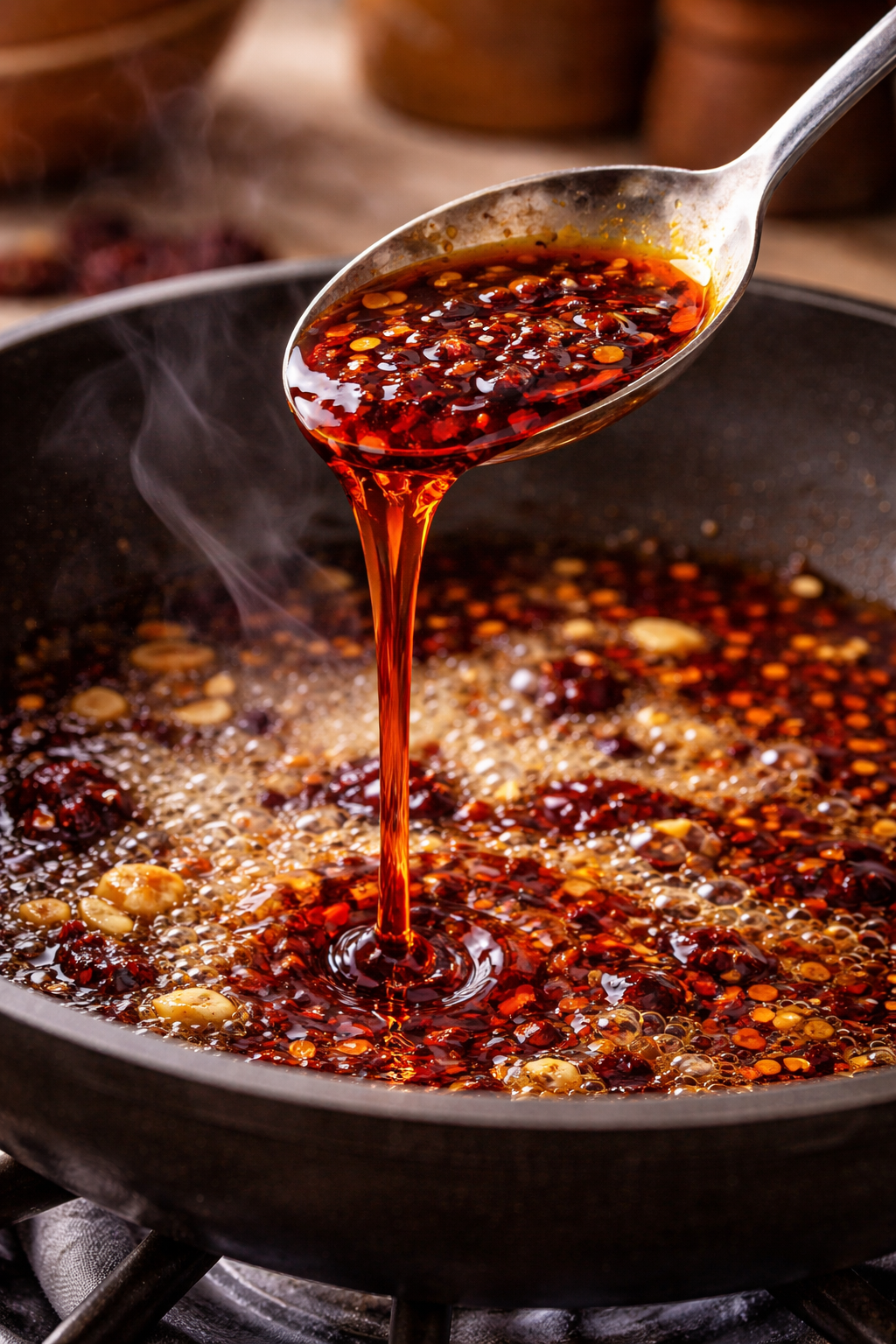 Chili oil being poured showing clean red fluid texture — Flavor Index Lab