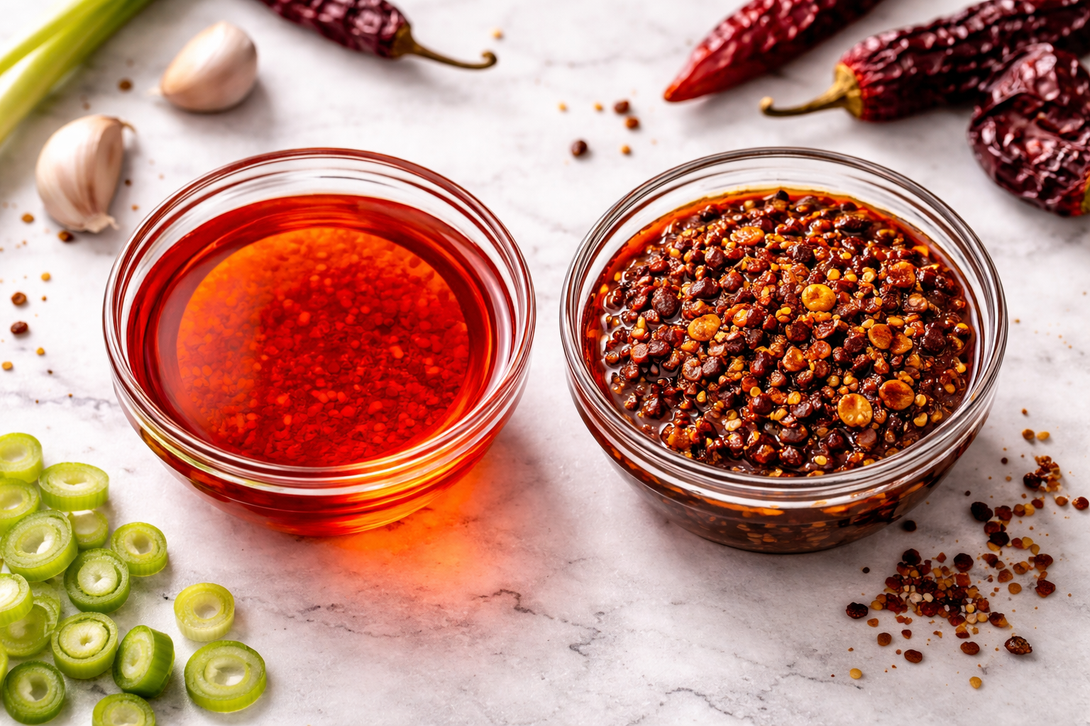 Chili oil next to chili crisp showing the difference in solids and texture — Flavor Index Lab