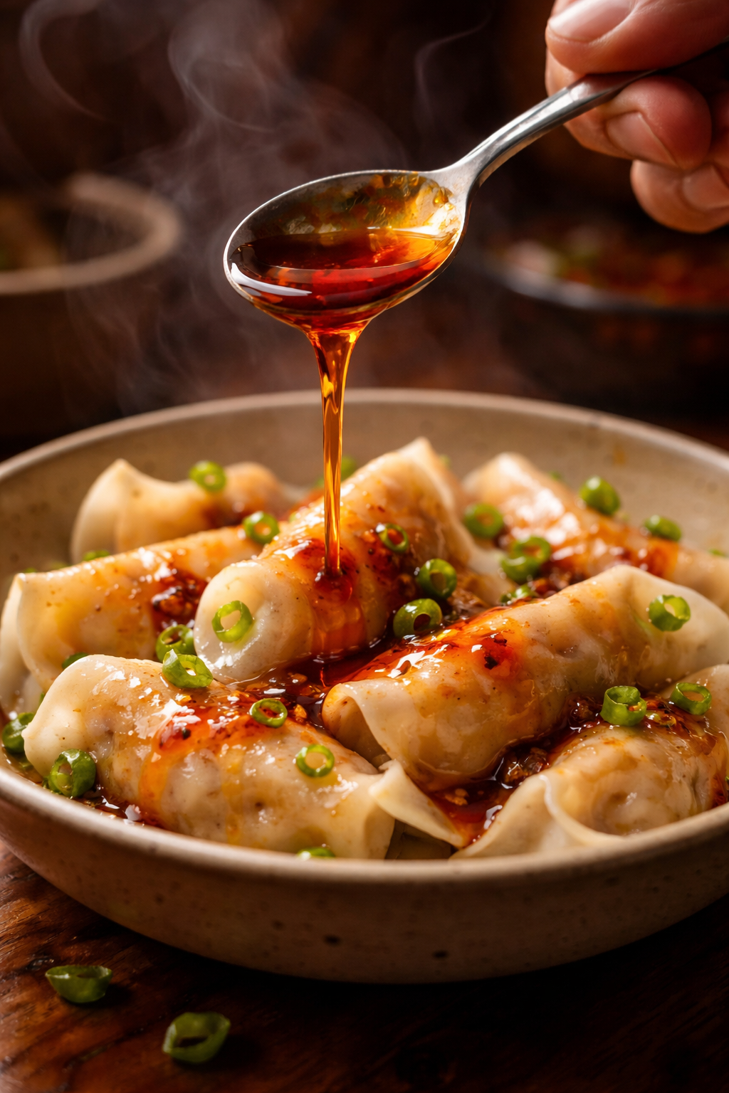 Chili oil drizzled over dumplings showing its red sheen — Flavor Index Lab