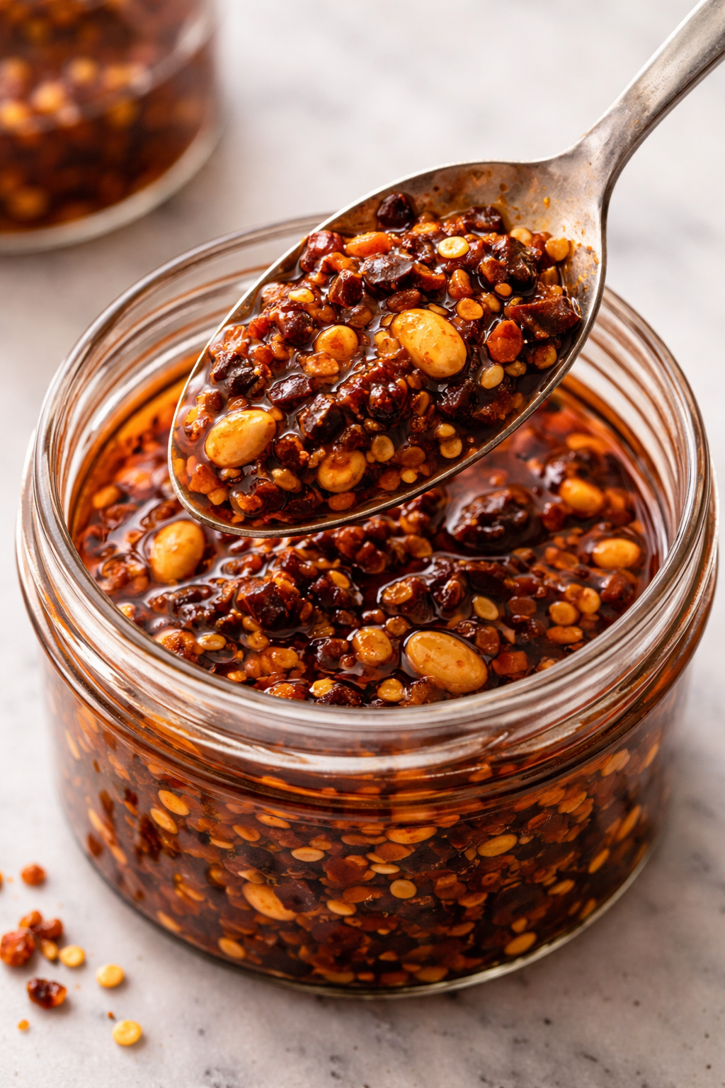 Salsa macha on a spoon showing chunky texture with nuts and chili in oil — Flavor Index Lab