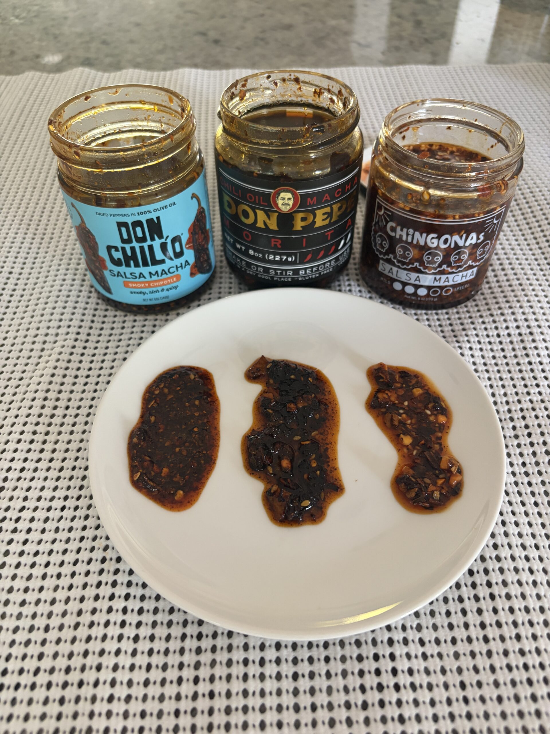 Three smoky salsa machas plated for side-by-side texture comparison — Flavor Index Lab