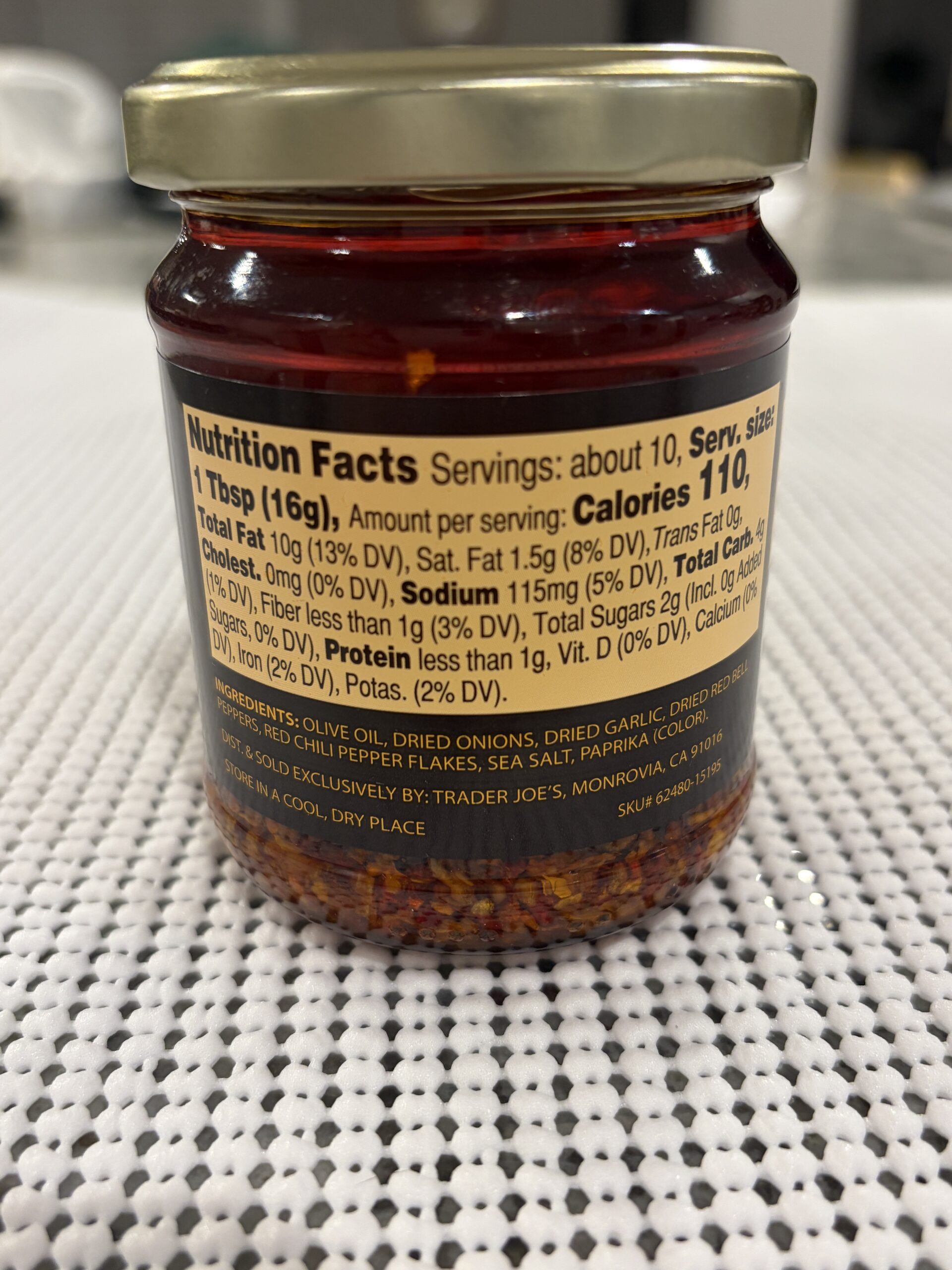 Trader Joe's Chili Onion Crunch chili crisp ingredients and nutrition label — Flavor Index Lab