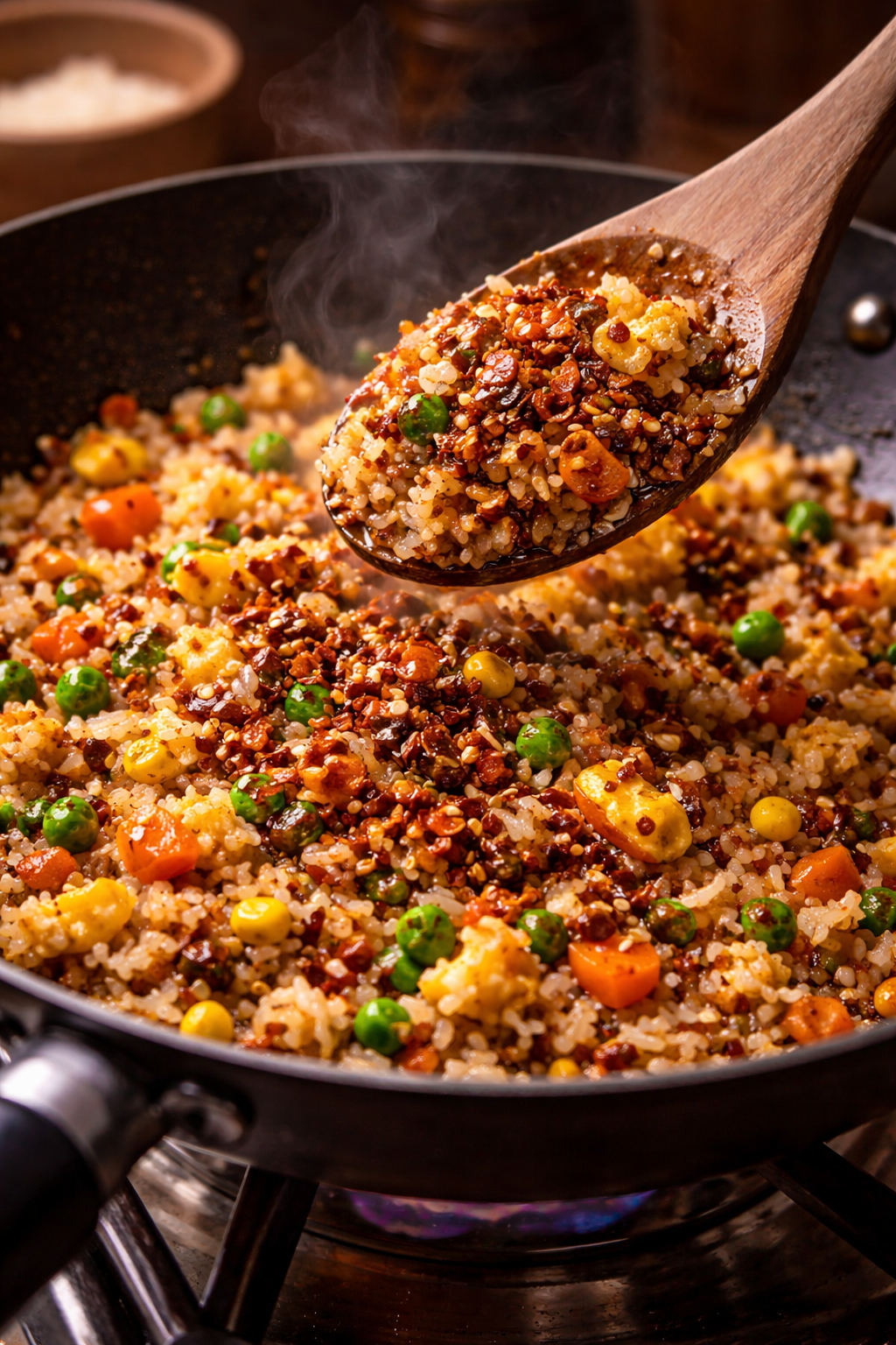 Chili crisp stirred into fried rice off-heat — the right technique — Flavor Index Lab