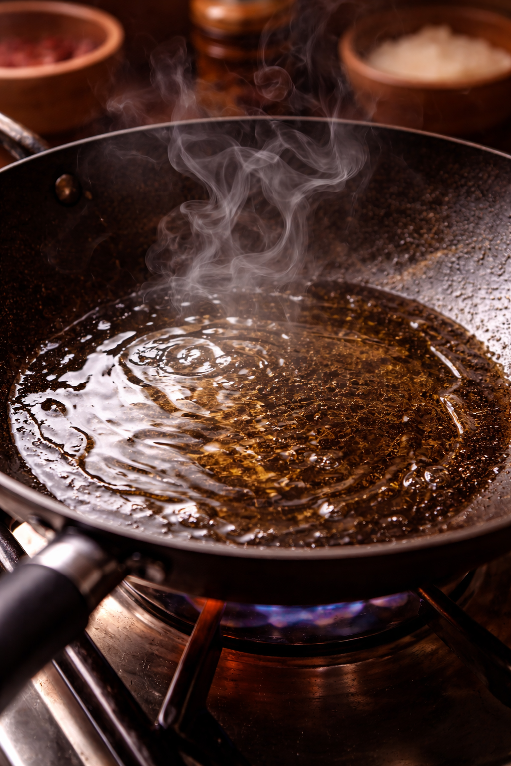 Hot pan sizzling with oil — the danger zone for chili crisp solids — Flavor Index Lab