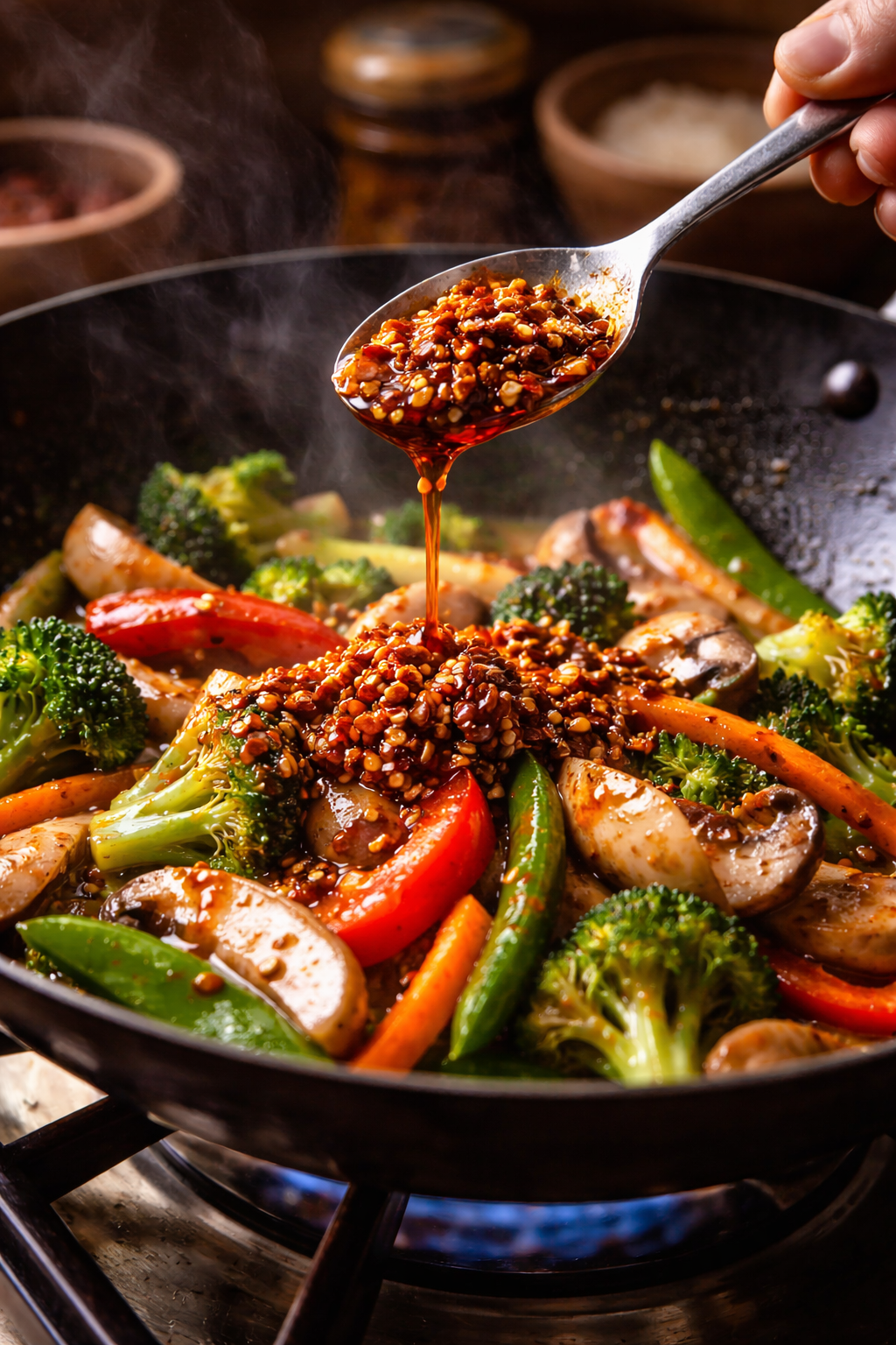 Cooking with chili crisp — adding it to a stir fry in a wok — Flavor Index Lab