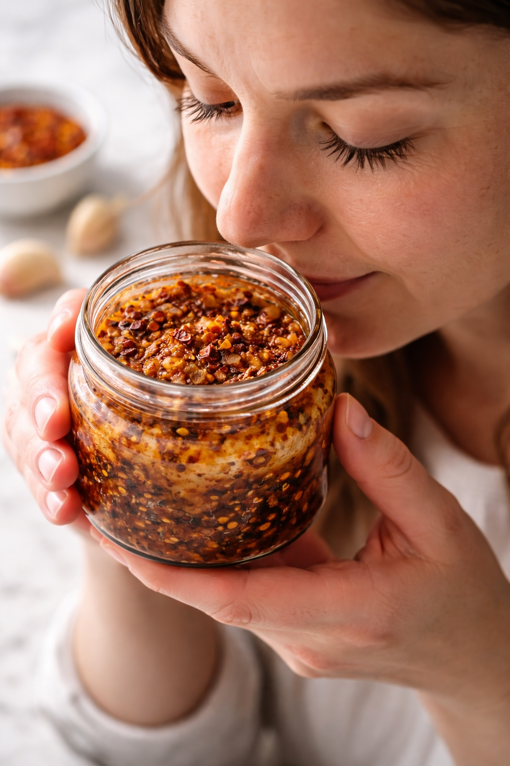 Smell-testing an open chili crisp jar for freshness — Flavor Index Lab