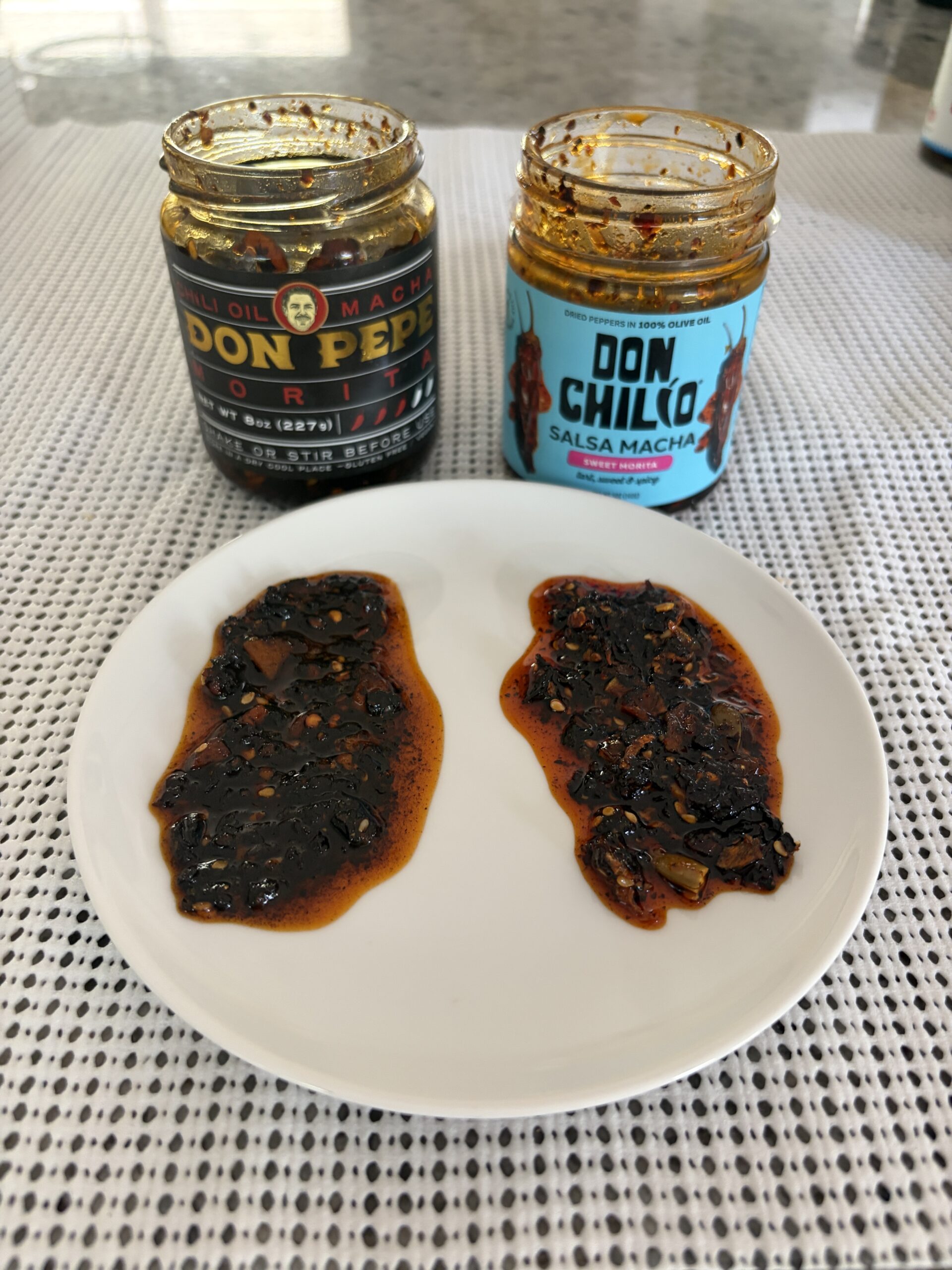 Don Chilio and Don Pepe salsa macha plated side by side — Flavor Index Lab
