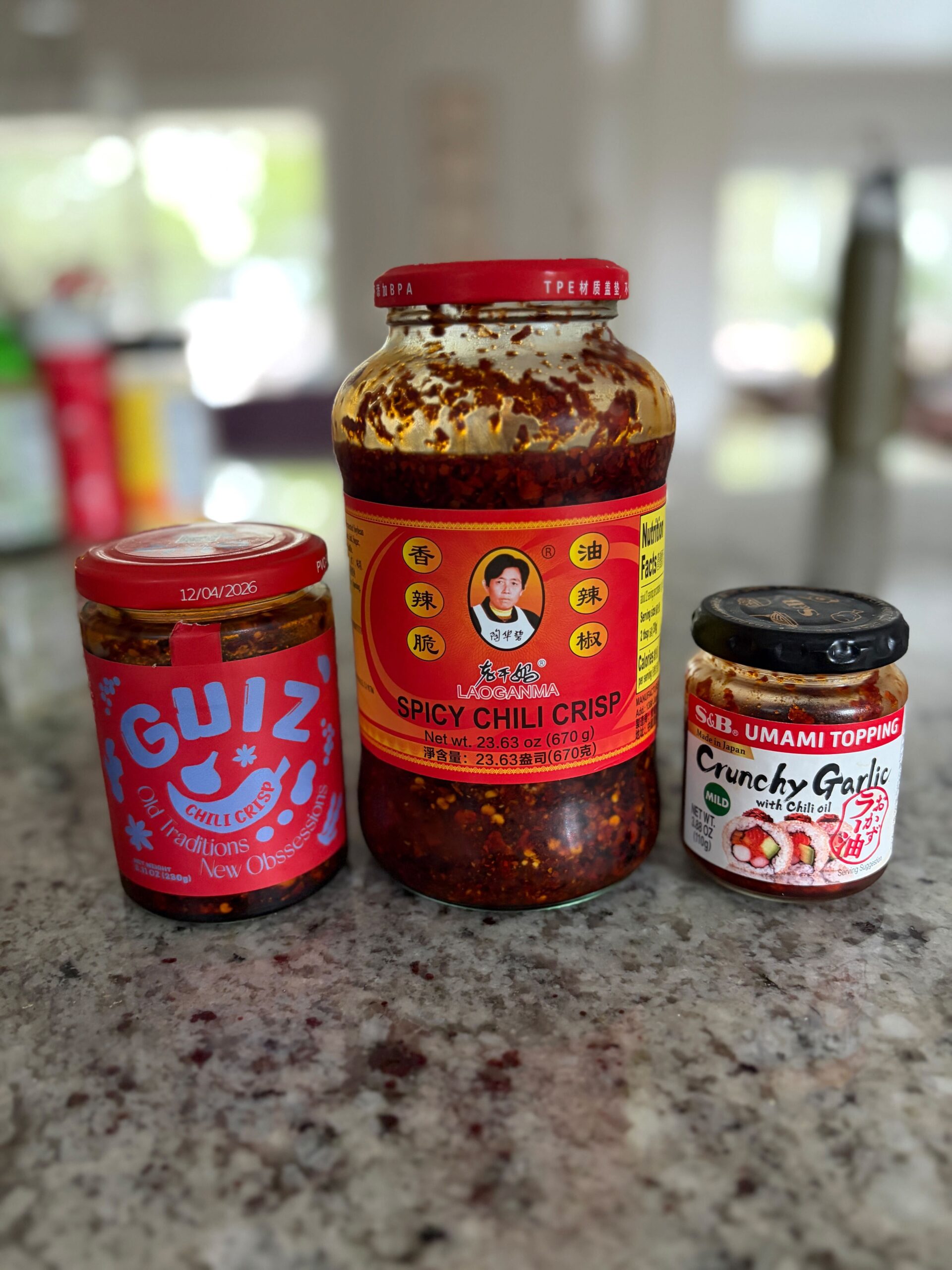 Three chili crisp starter jars — GUIZ, Lao Gan Ma, and S&B Crunchy Garlic — Flavor Index Lab