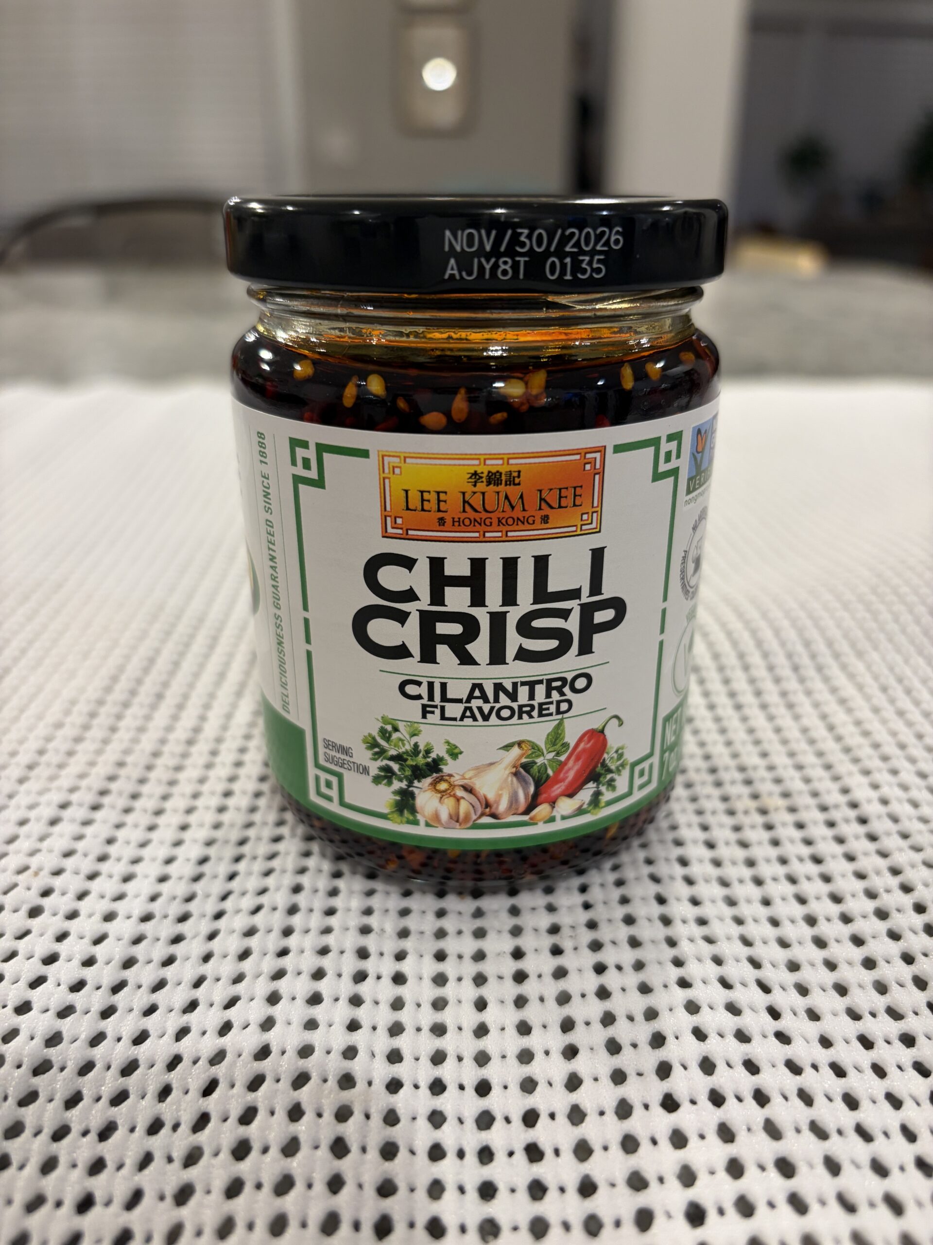 Lee Kum Kee cilantro chili crisp jar — Flavor Index Lab
