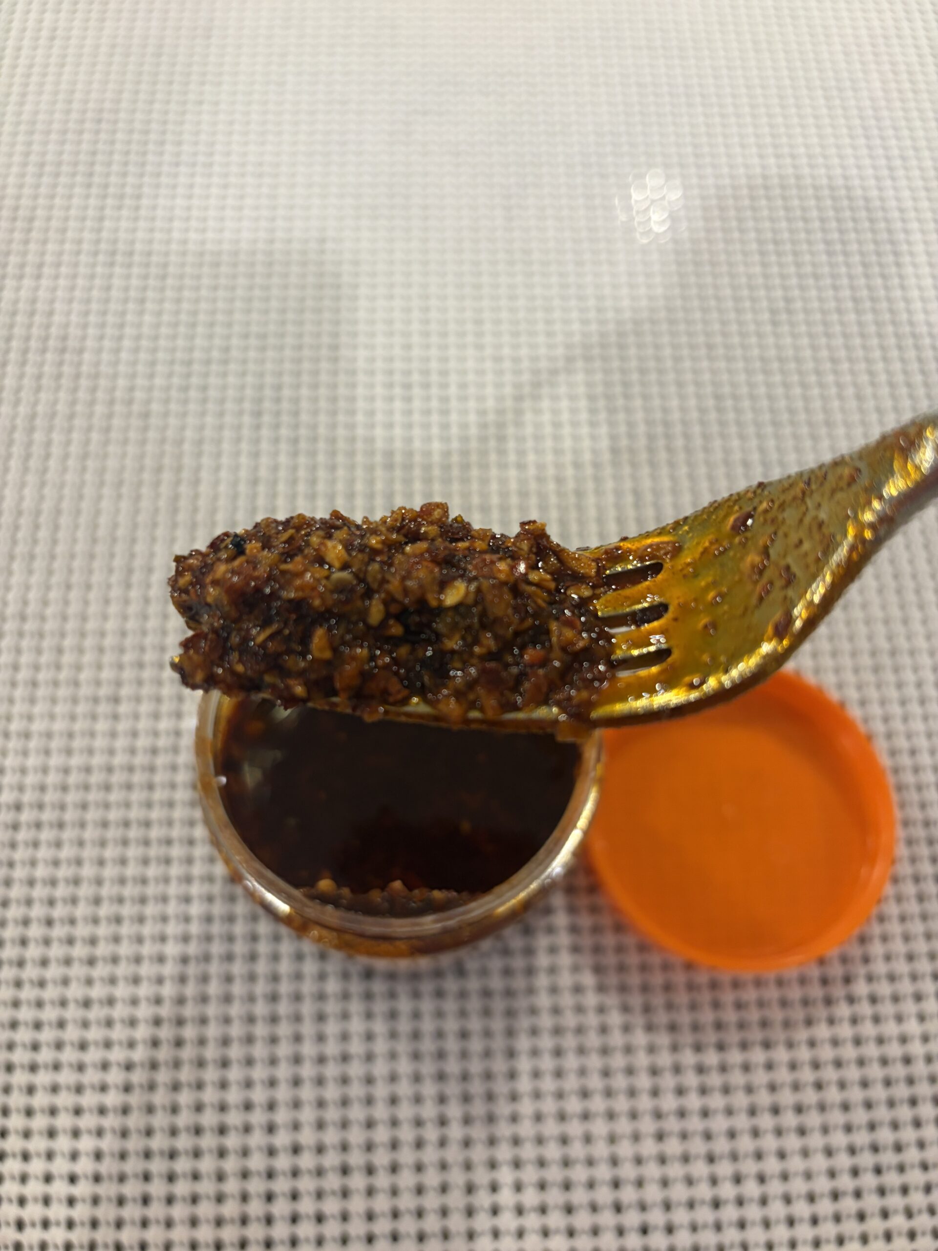 Mr. Bing spicy chili crisp fork pull showing texture — Flavor Index Lab