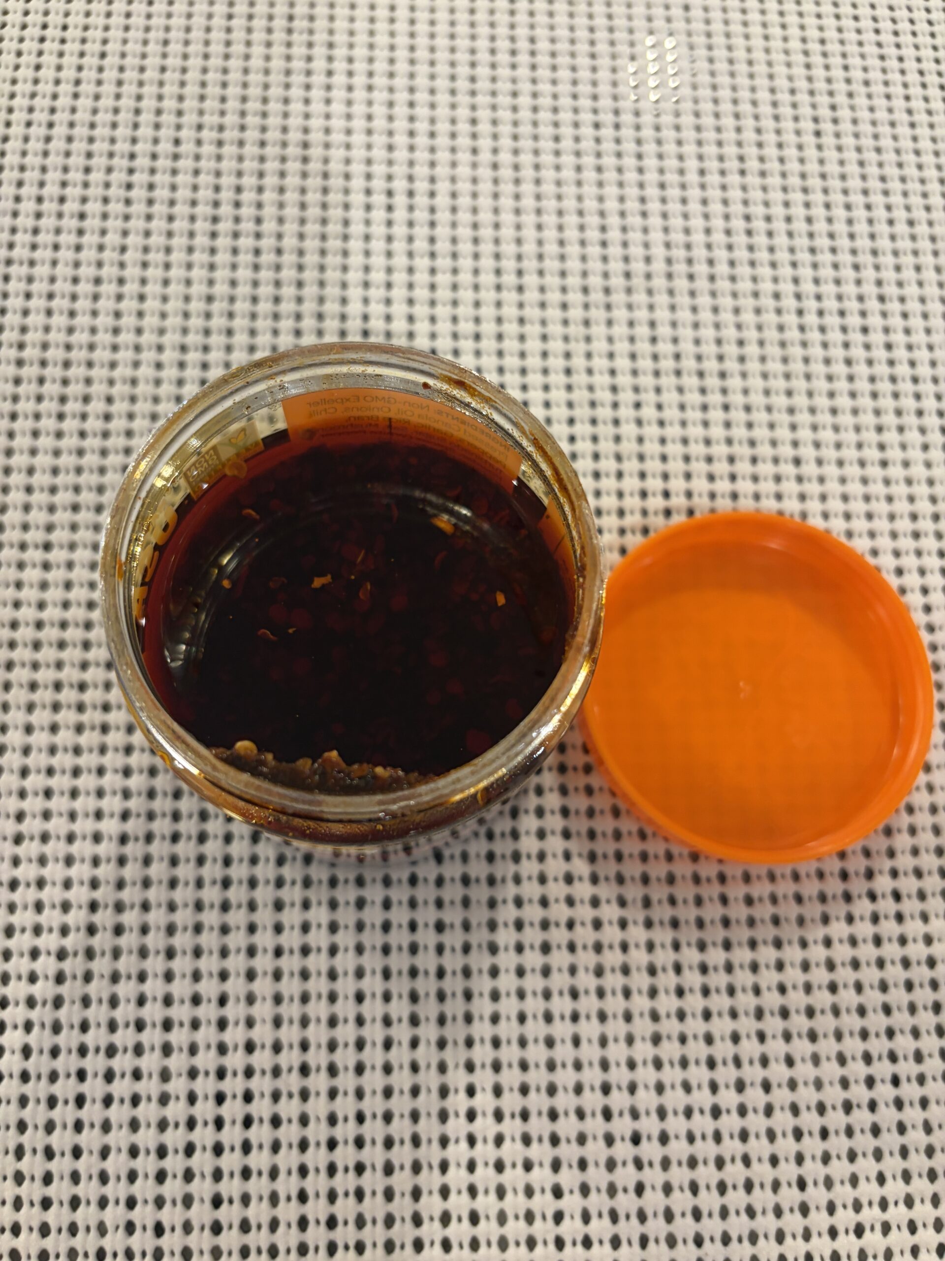 Mr. Bing spicy chili crisp open jar top-down — Flavor Index Lab