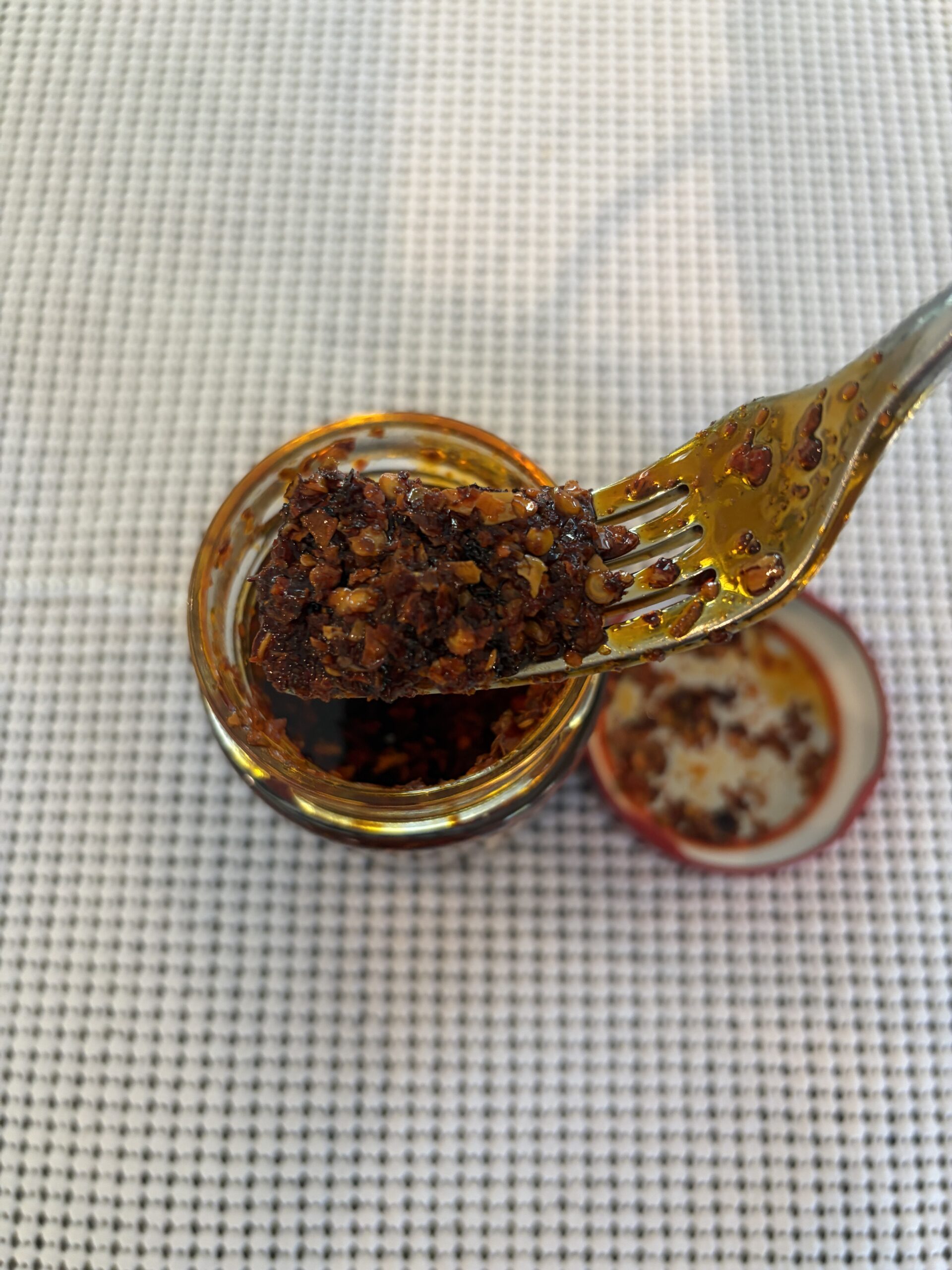 Redbloom Umami chili crisp fork pull — Flavor Index Lab