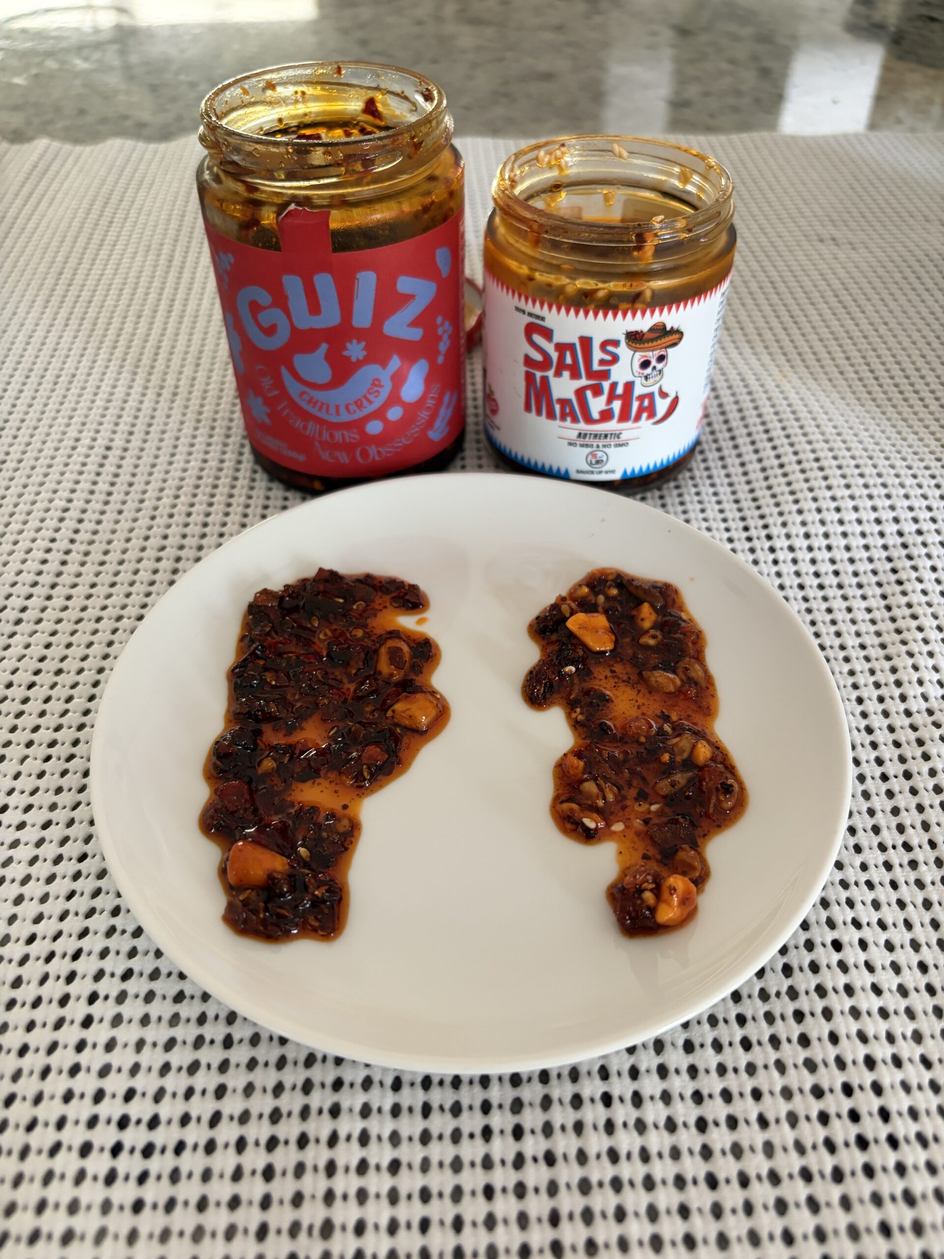 Salsa macha and chili crisp plated side by side for comparison — Flavor Index Lab