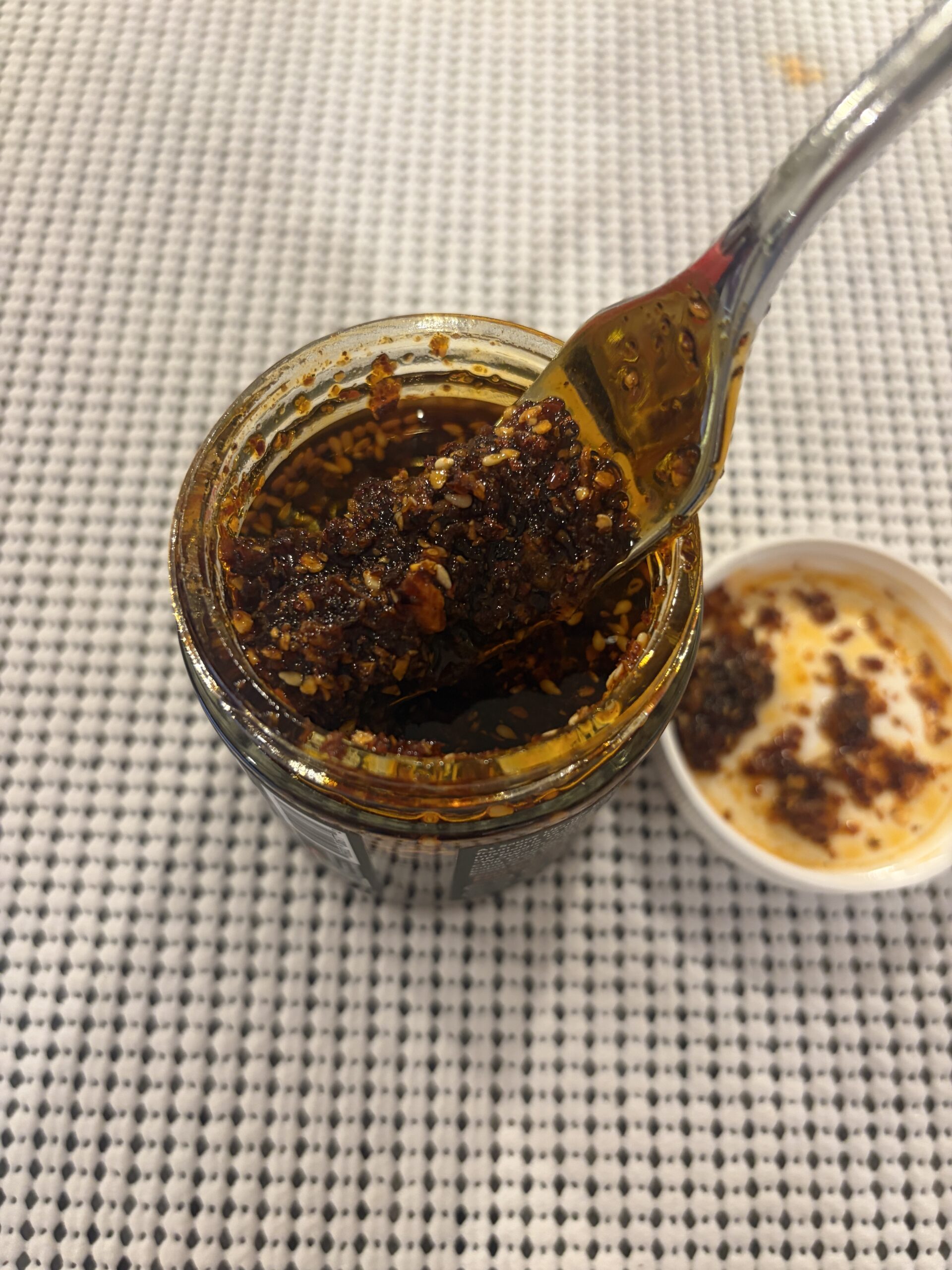 Sauce Up Extra Spicy chili crisp fork pull — Flavor Index Lab
