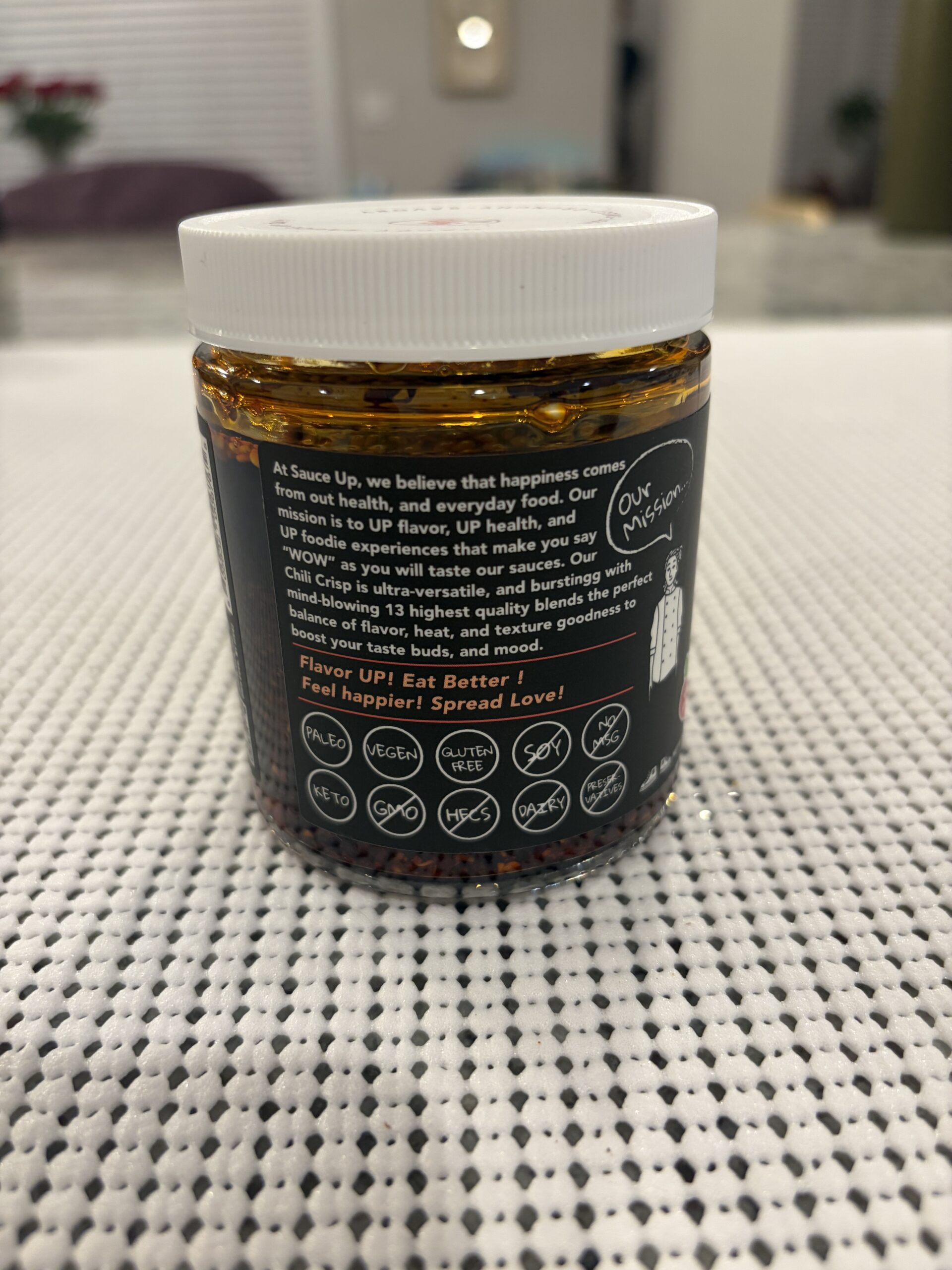 Sauce Up chili crisp label origin story and mission statement — Flavor Index Lab