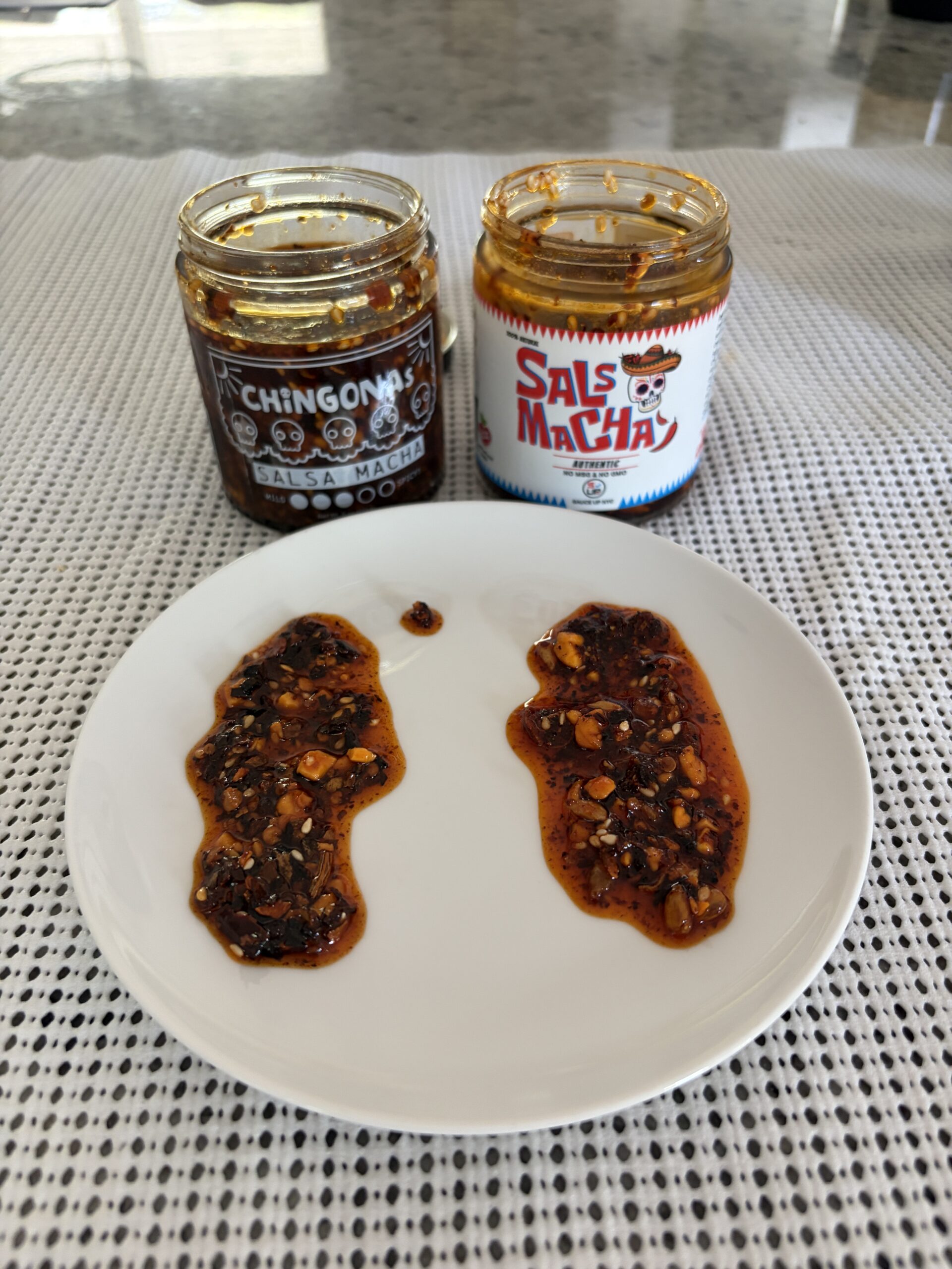 Sauce Up and CHiNGONAs salsa macha plated front view — Flavor Index Lab