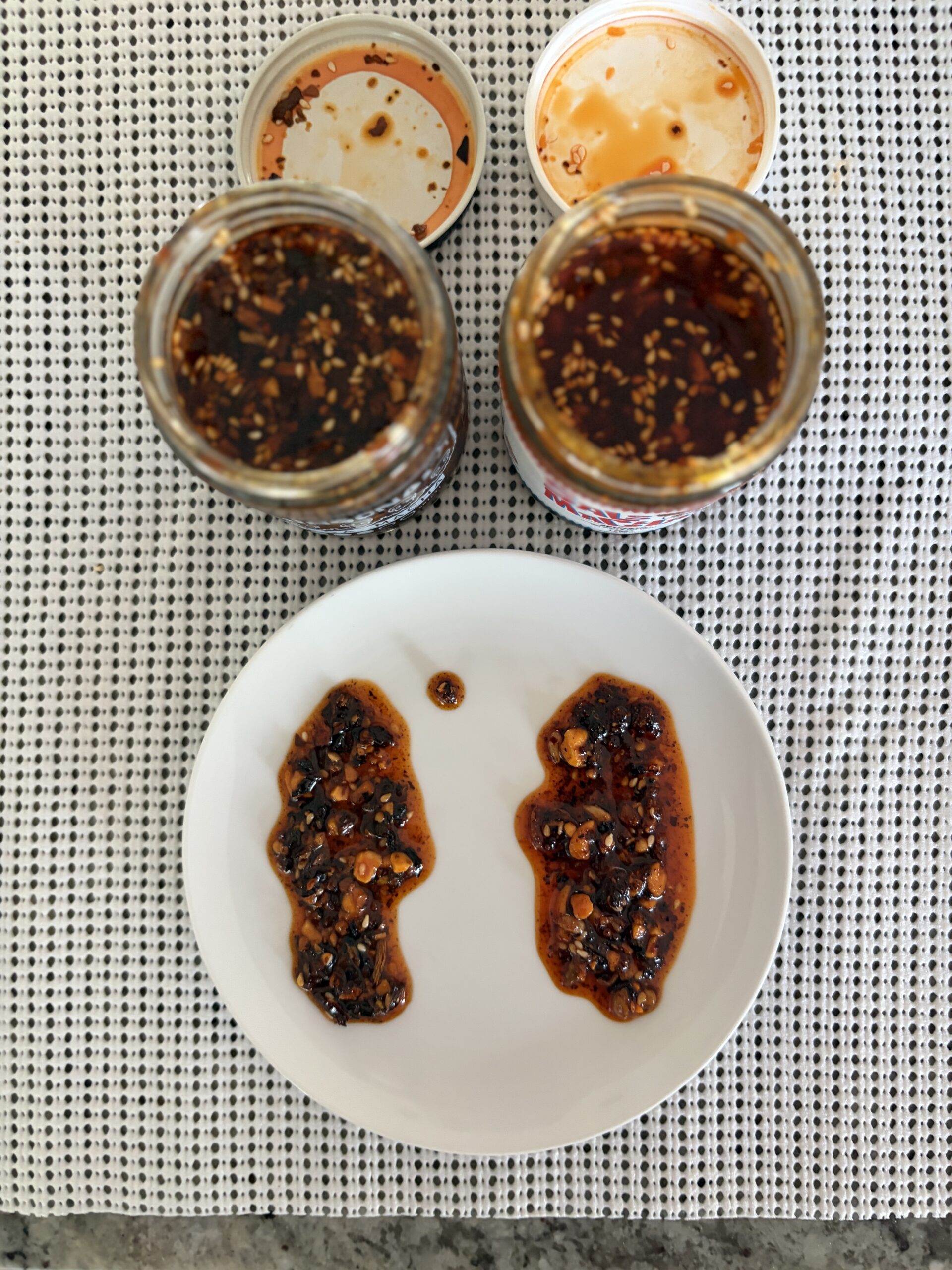 Sauce Up and CHiNGONAs salsa macha plated top-down comparison — Flavor Index Lab