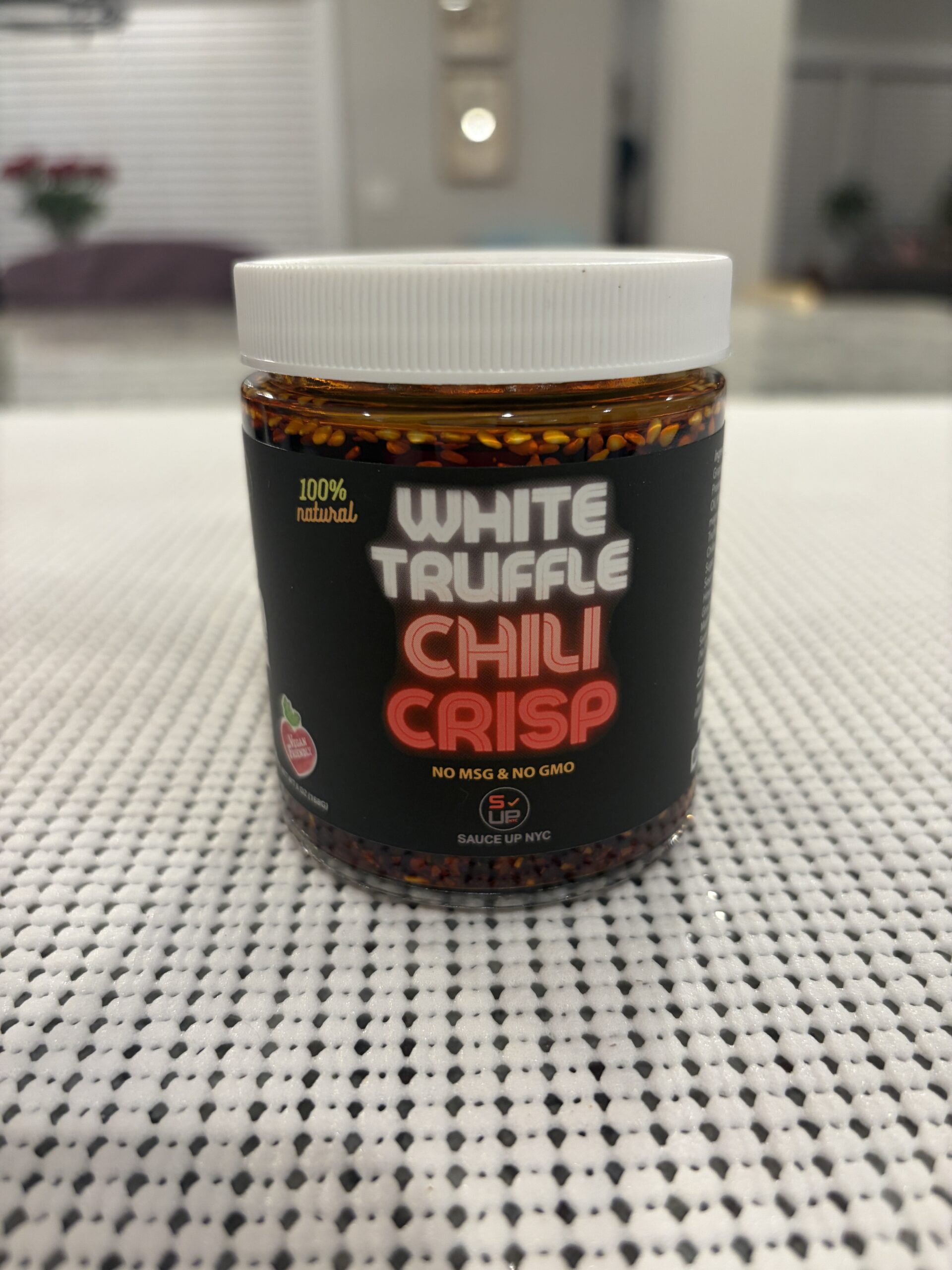 Sauce Up White Truffle chili crisp review — jar front label — Flavor Index Lab