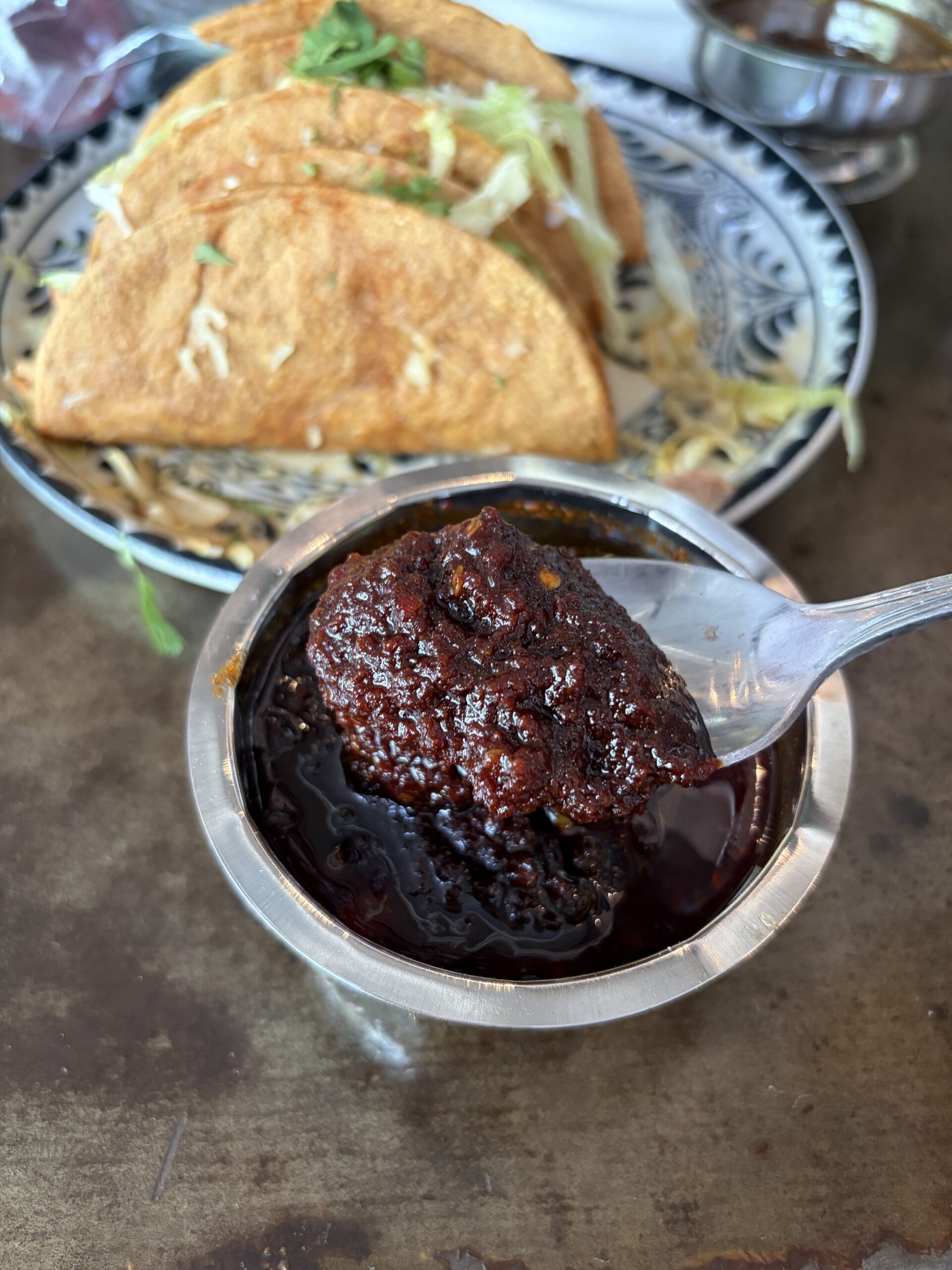 Superica Krog Street salsa macha texture and spoon pull — Flavor Index Lab