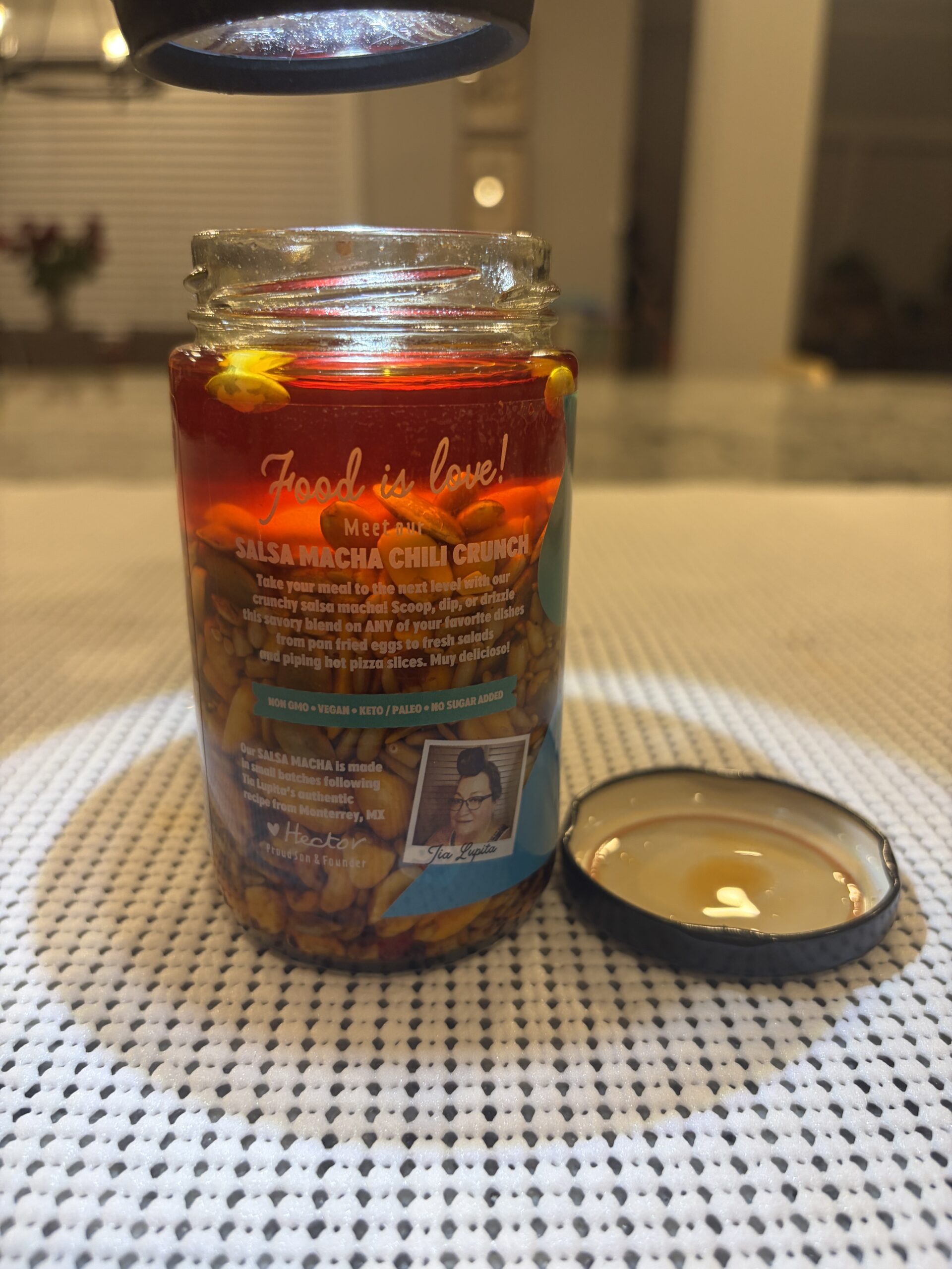 Tia Lupita salsa macha peanut and seed settlement in jar — Flavor Index Lab
