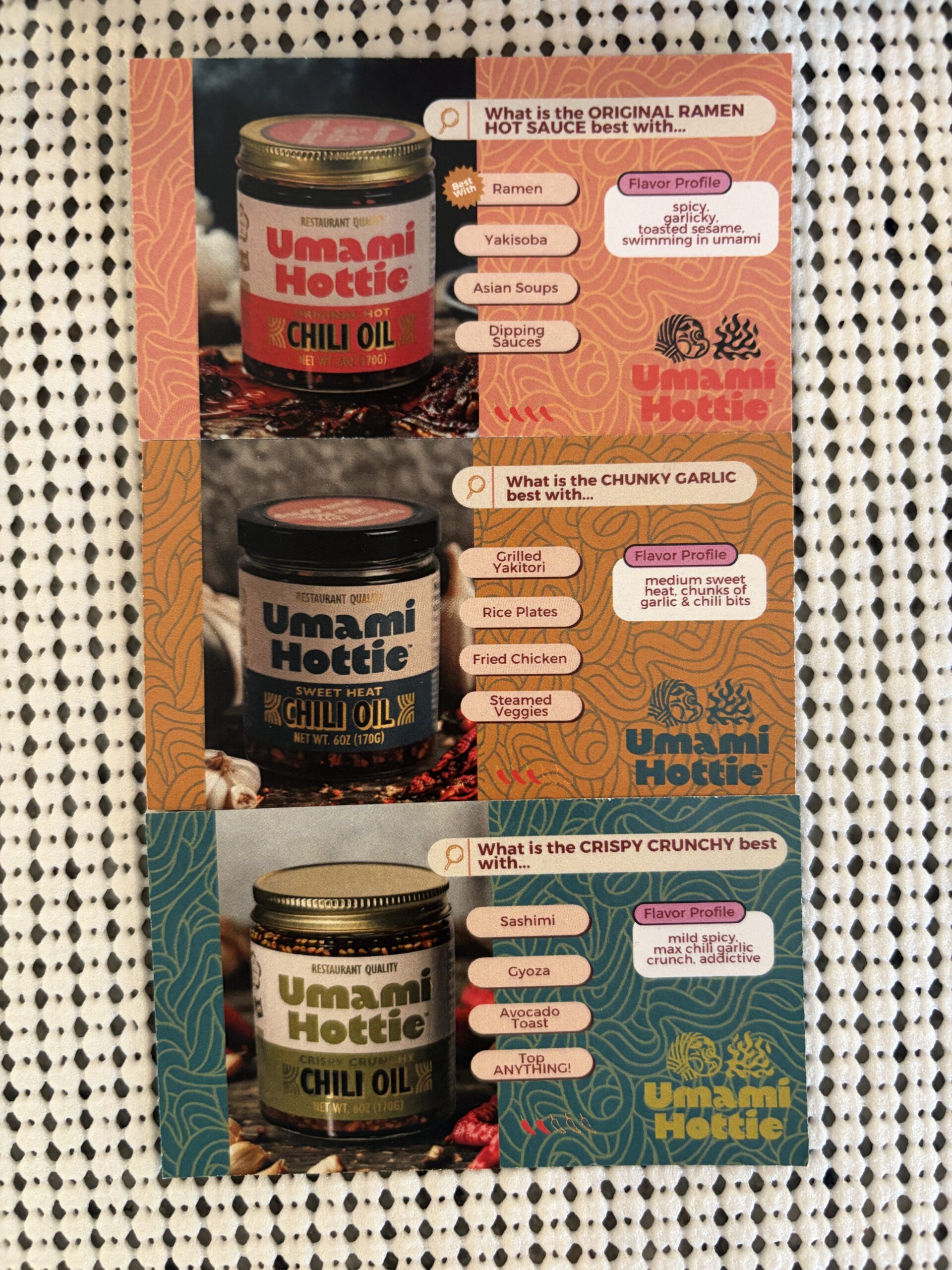 Umami Hottie chili oil pairing cards included with 3-pack — Flavor Index Lab