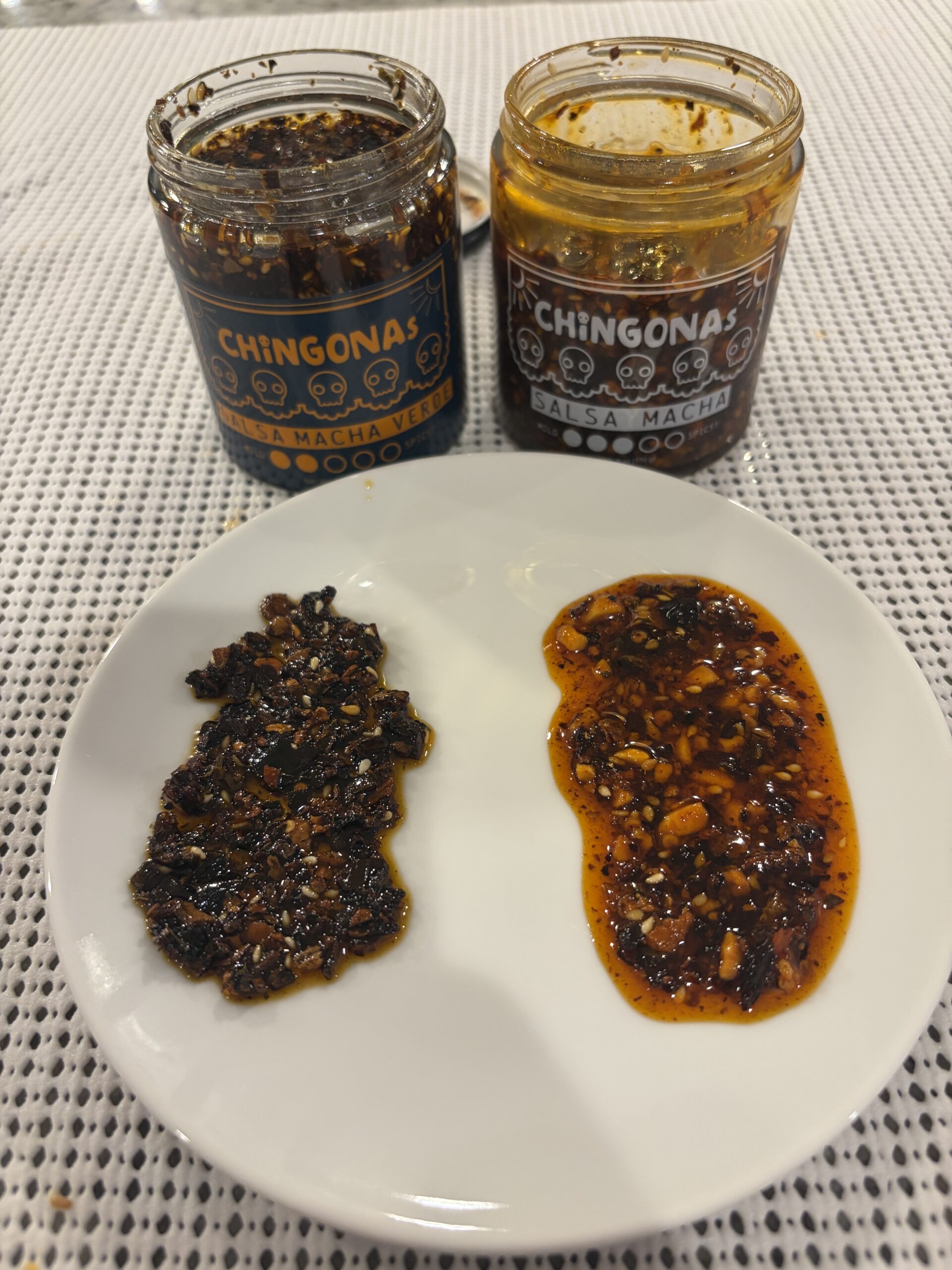 CHiNGONAs Original and Verde salsa macha plated with labels — Flavor Index Lab