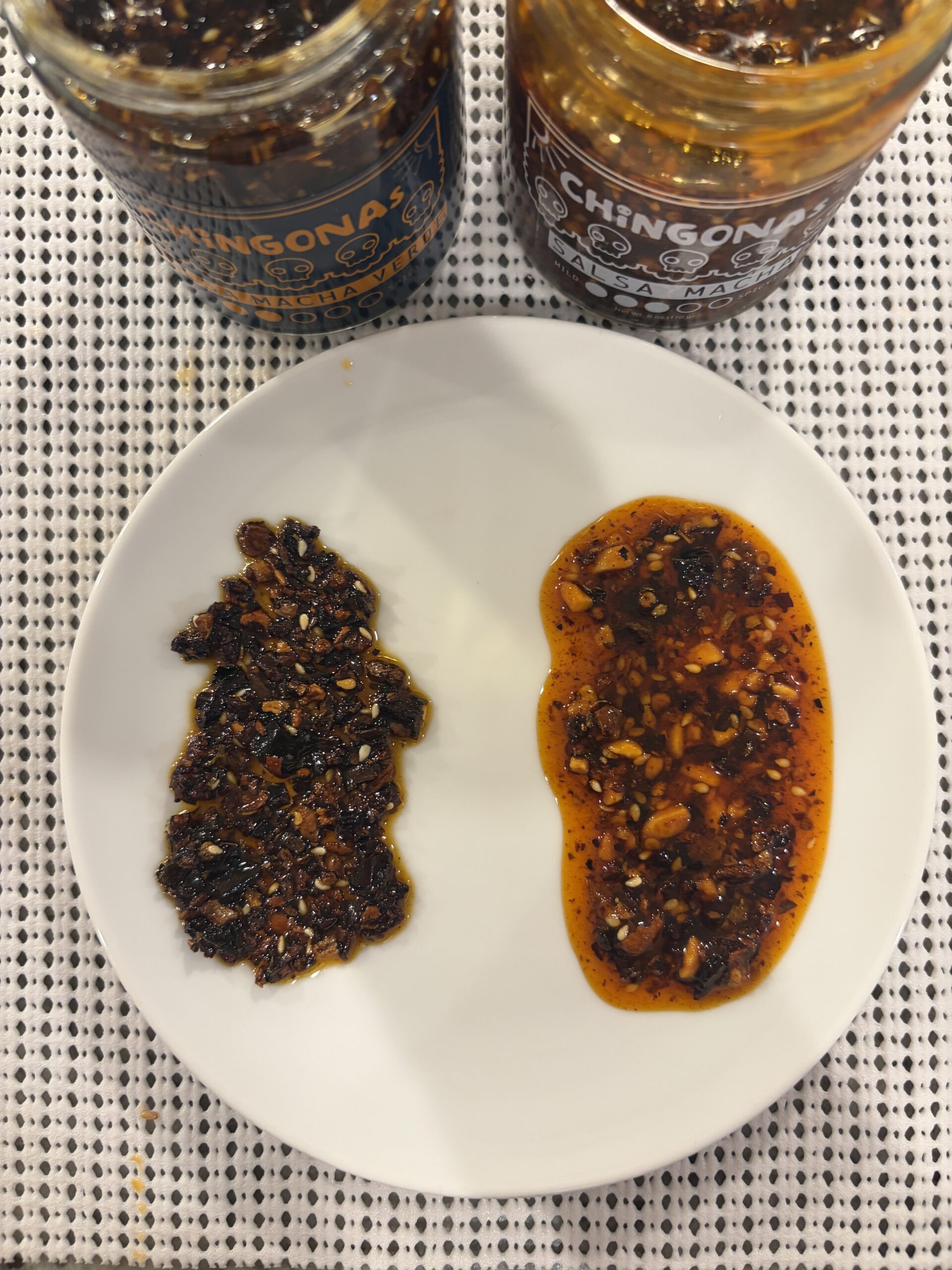 CHiNGONAs Original and Verde salsa macha top-down comparison — Flavor Index Lab
