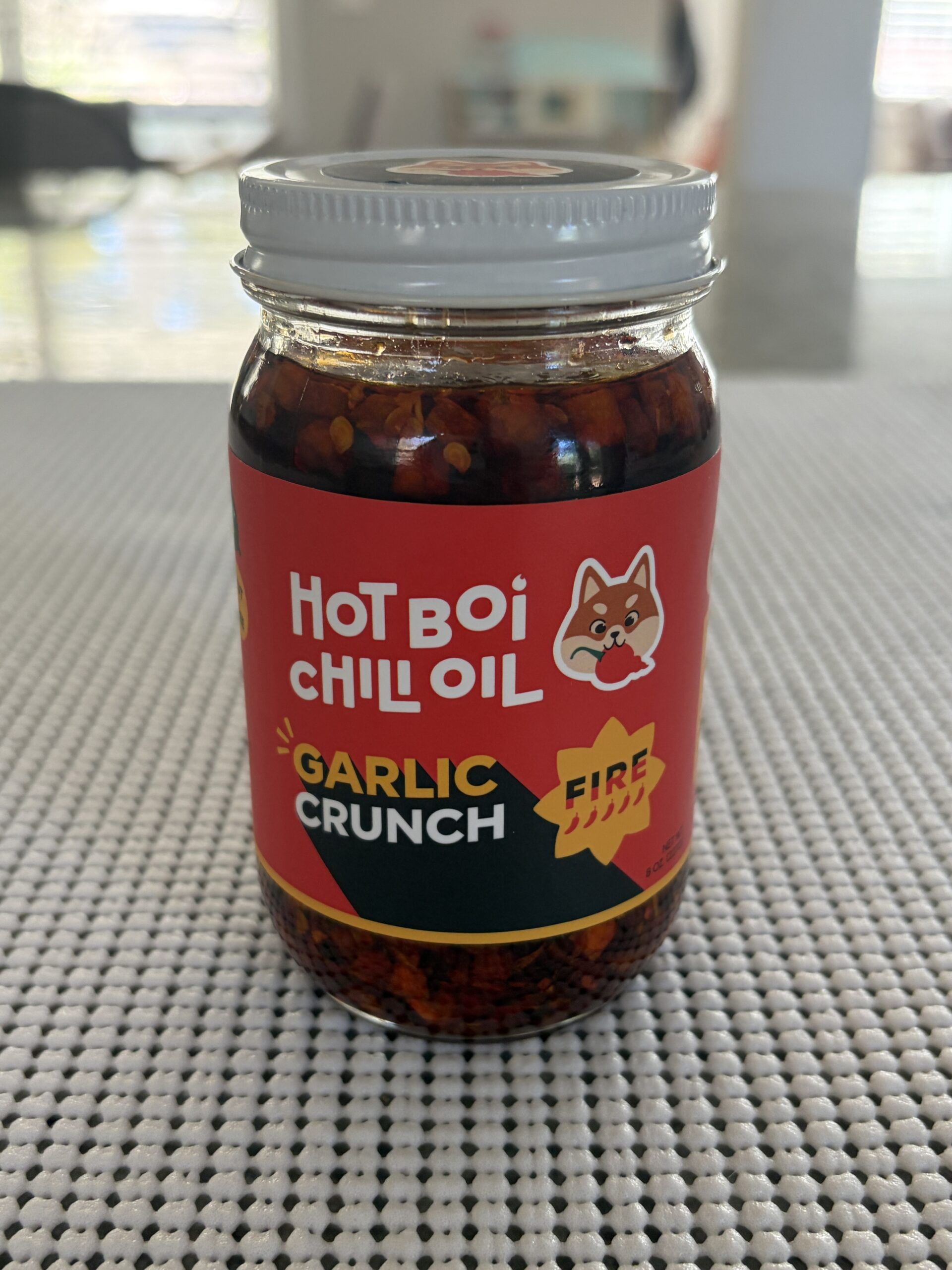 Hot Boi Chili Oil Fire review jar, Garlic Crunch front label — Flavor Index Lab