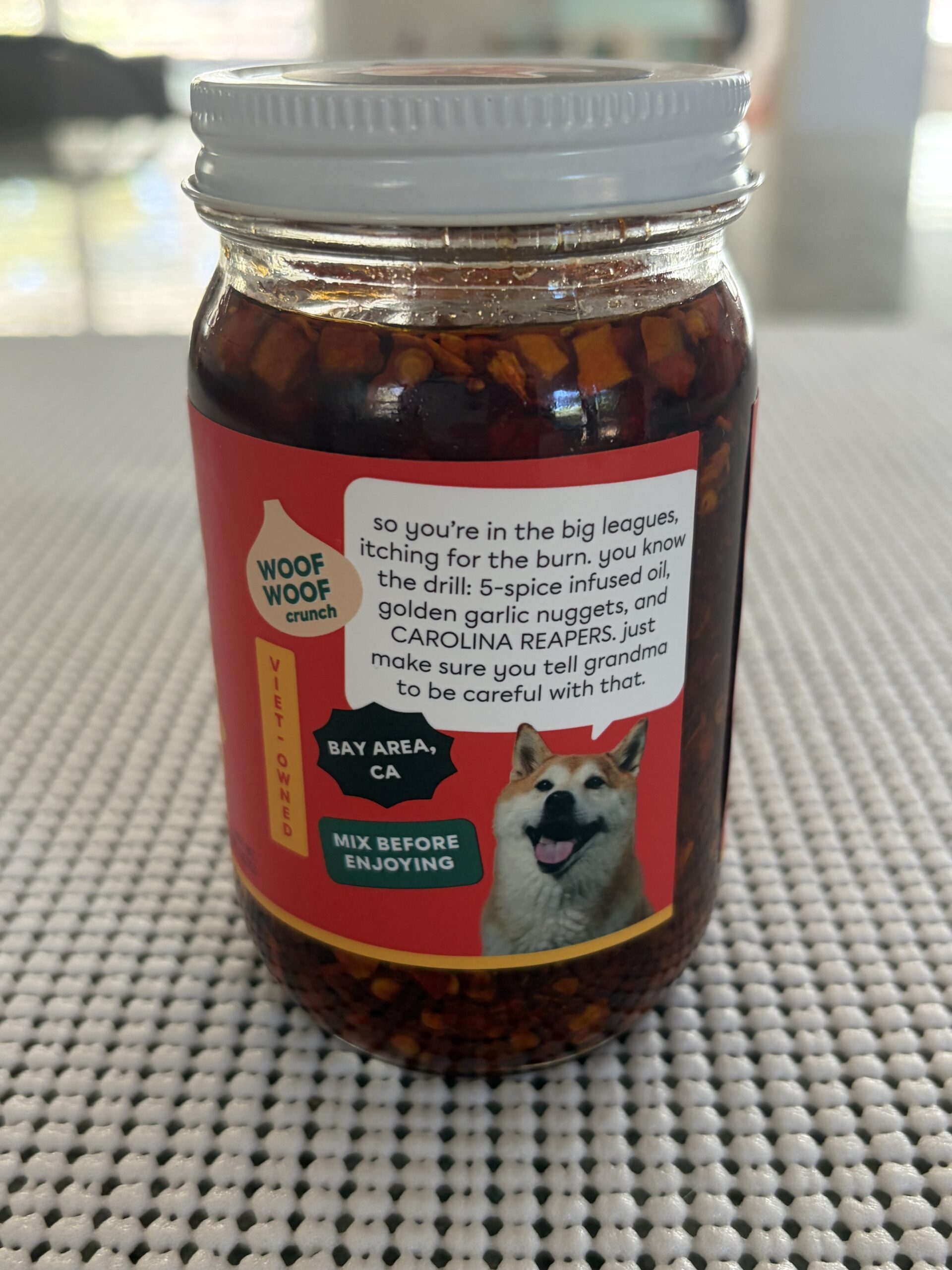 Hot Boi Chili Oil Fire side label copy describing 5-spice oil and Carolina Reapers — Flavor Index Lab