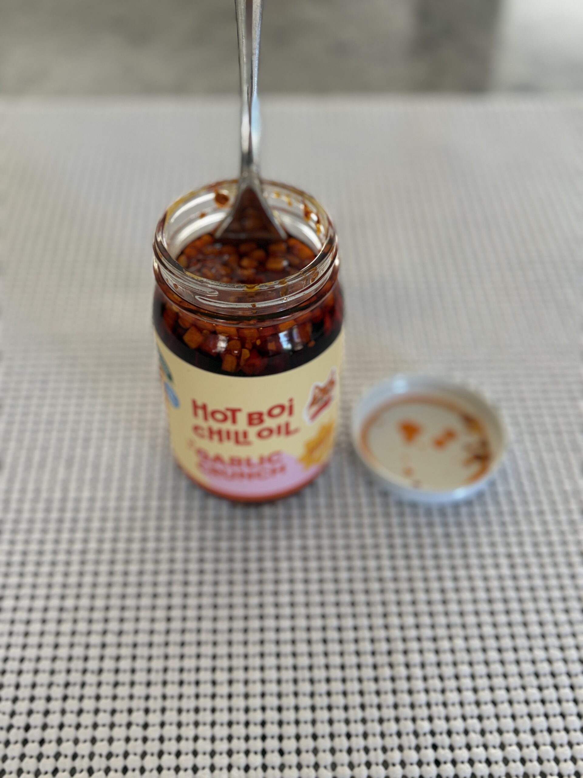 Hot Boi Chili Oil Mild open jar with fork, before stirring — Flavor Index Lab