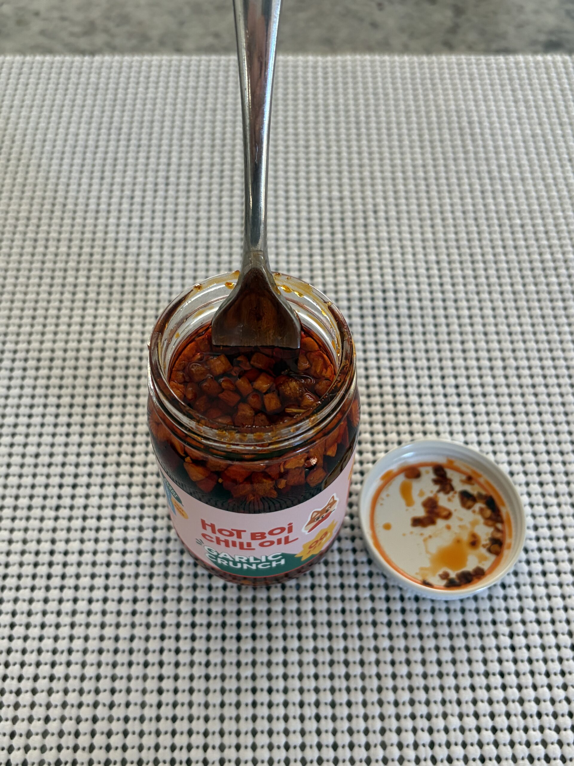 Hot Boi Chili Oil OG open jar with fork, before stirring — Flavor Index Lab
